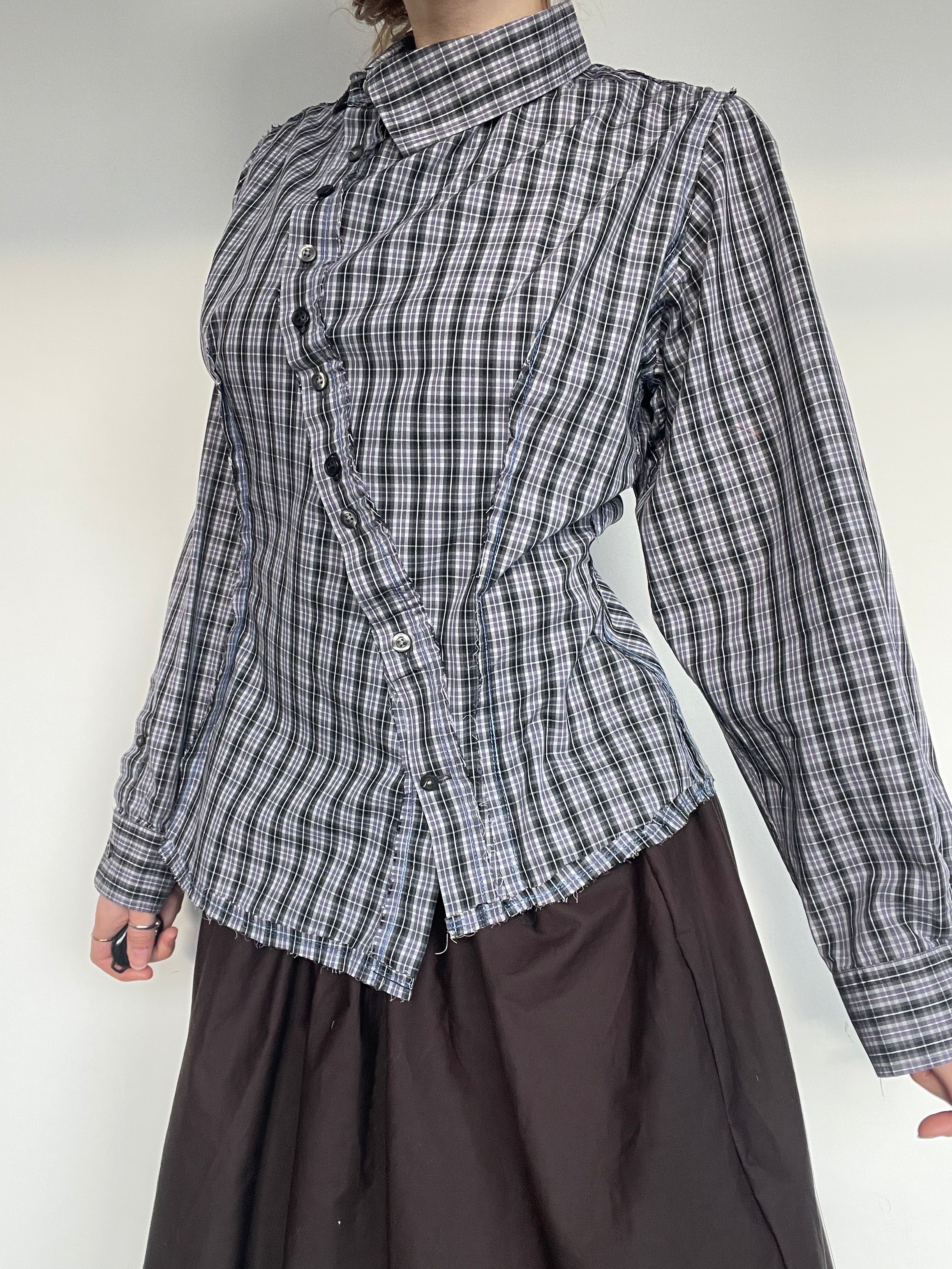 lilac reworked asymetrical checkered button up long sleeve shirt