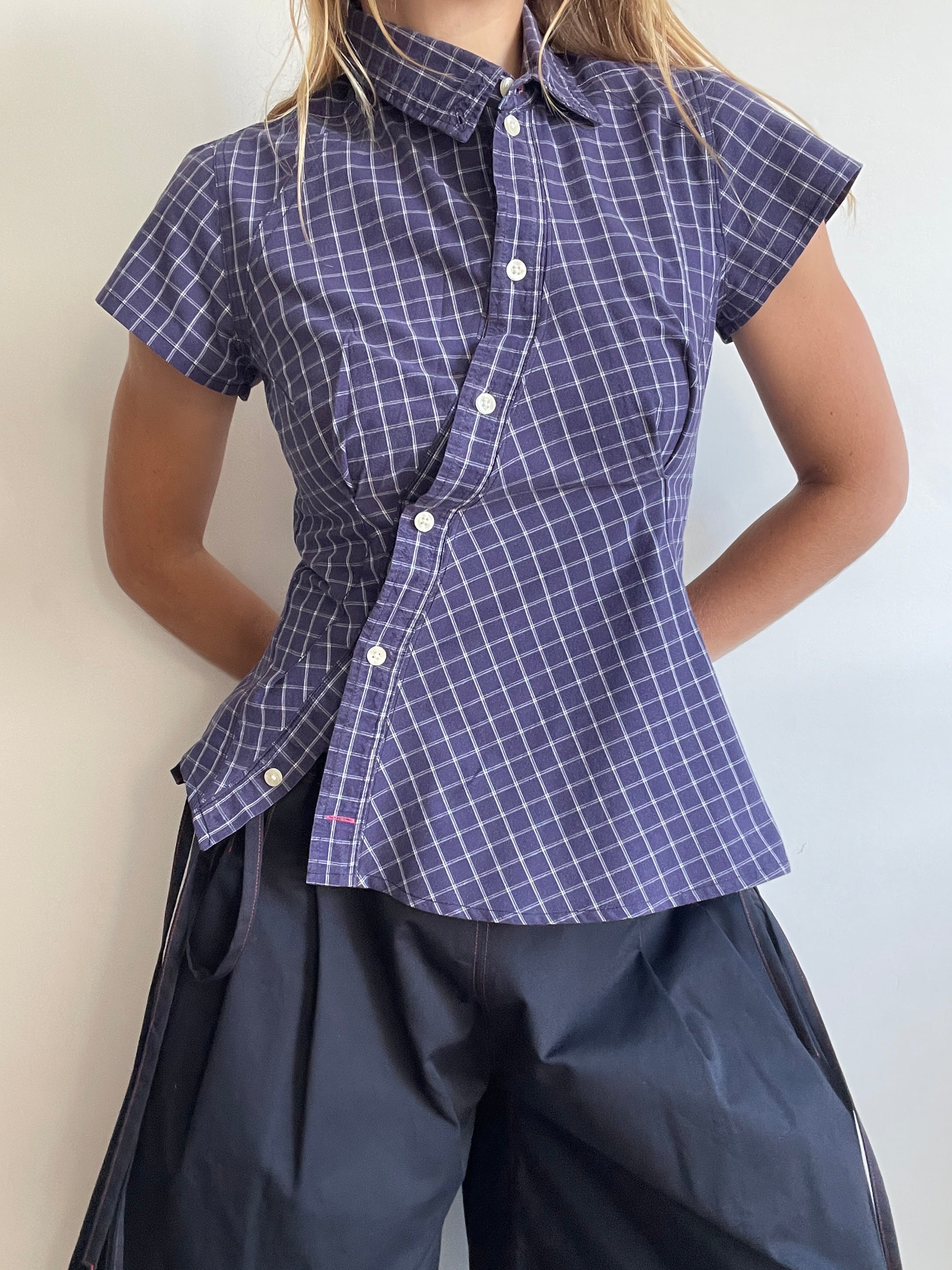 reworked blue grid check fitted blouse