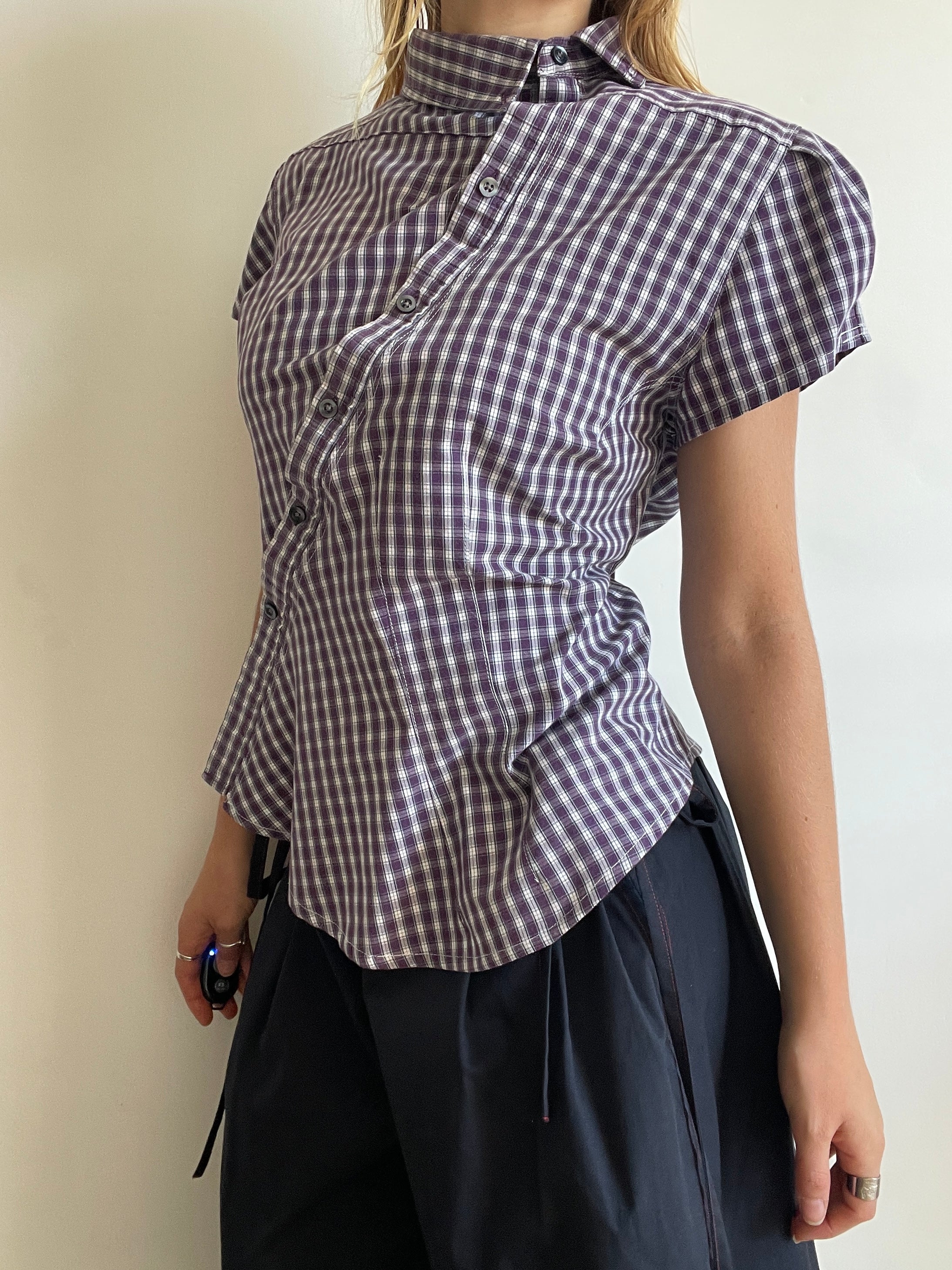 reworked asymetrical purple check shirt