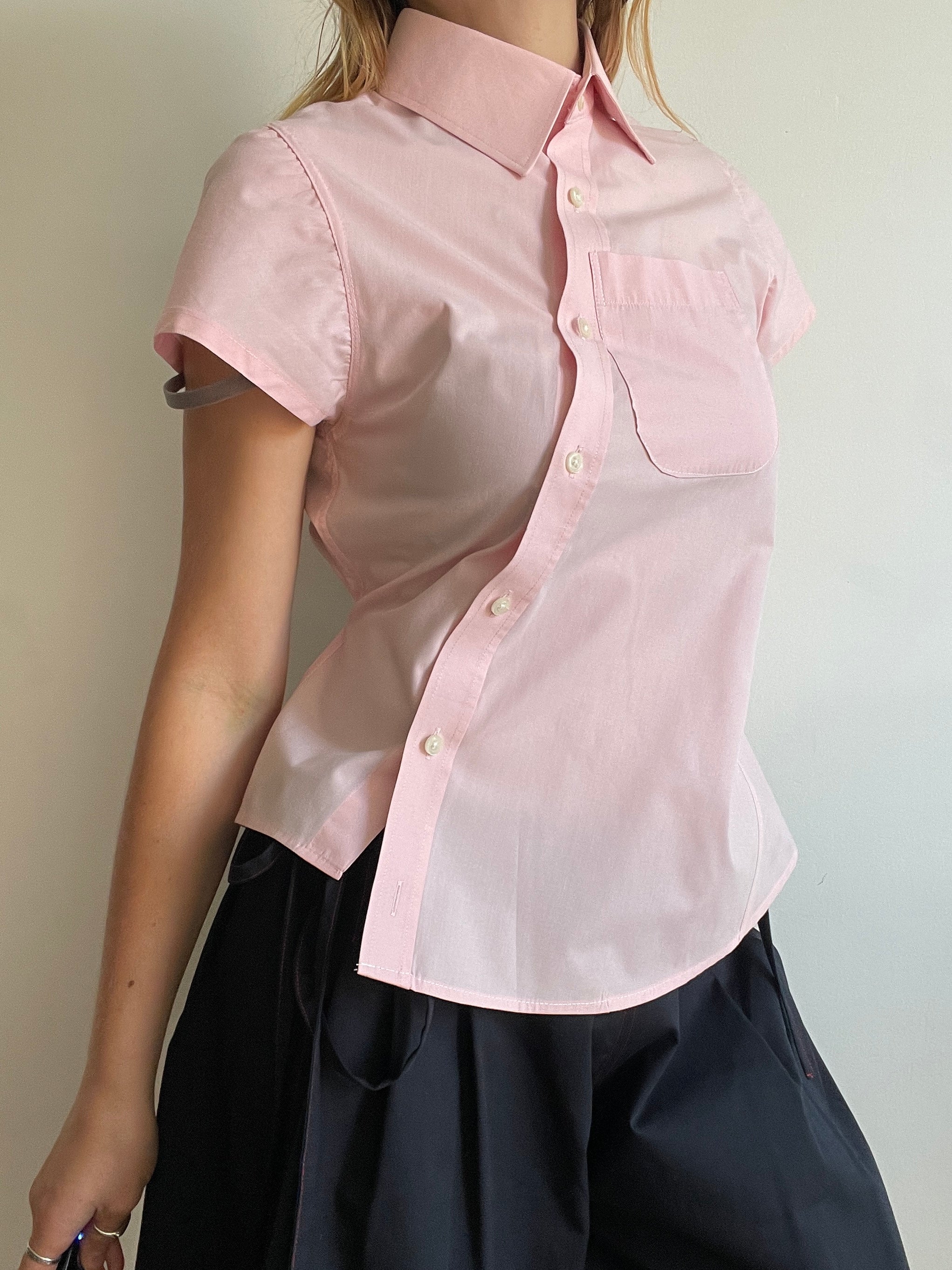 reworked tie back asymmetrical baby pink blouse