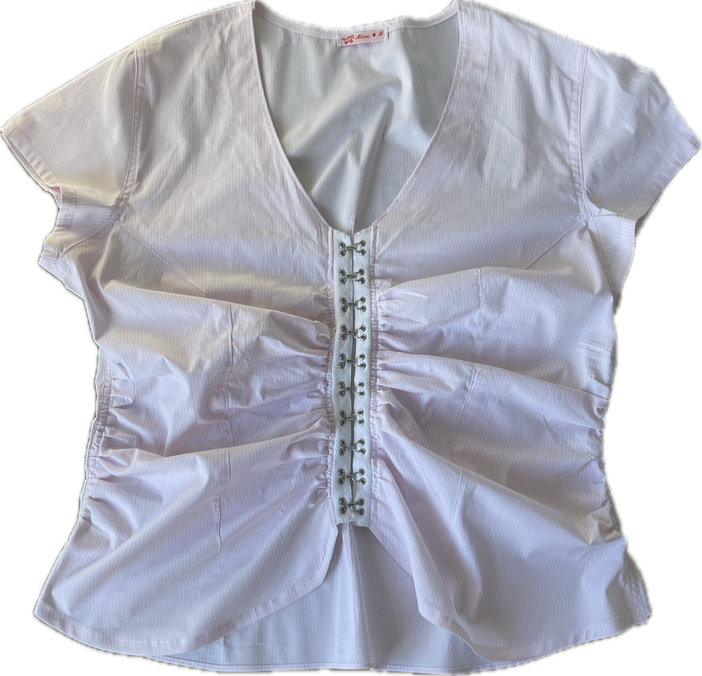 handmade ruched hook and eye pink pinstripe blouse