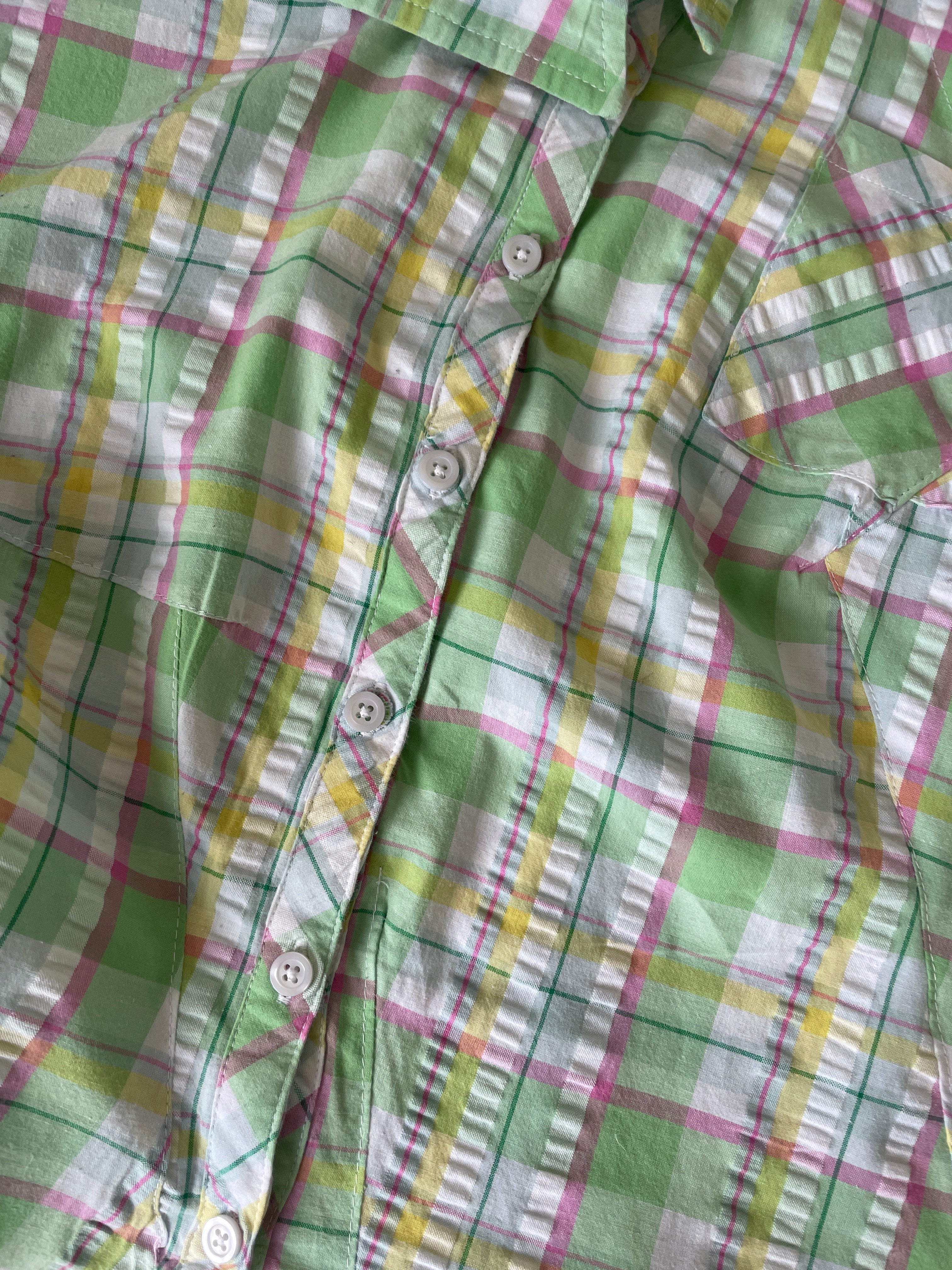 reworked seersucker tartan green pink fitted asymetrical shirt