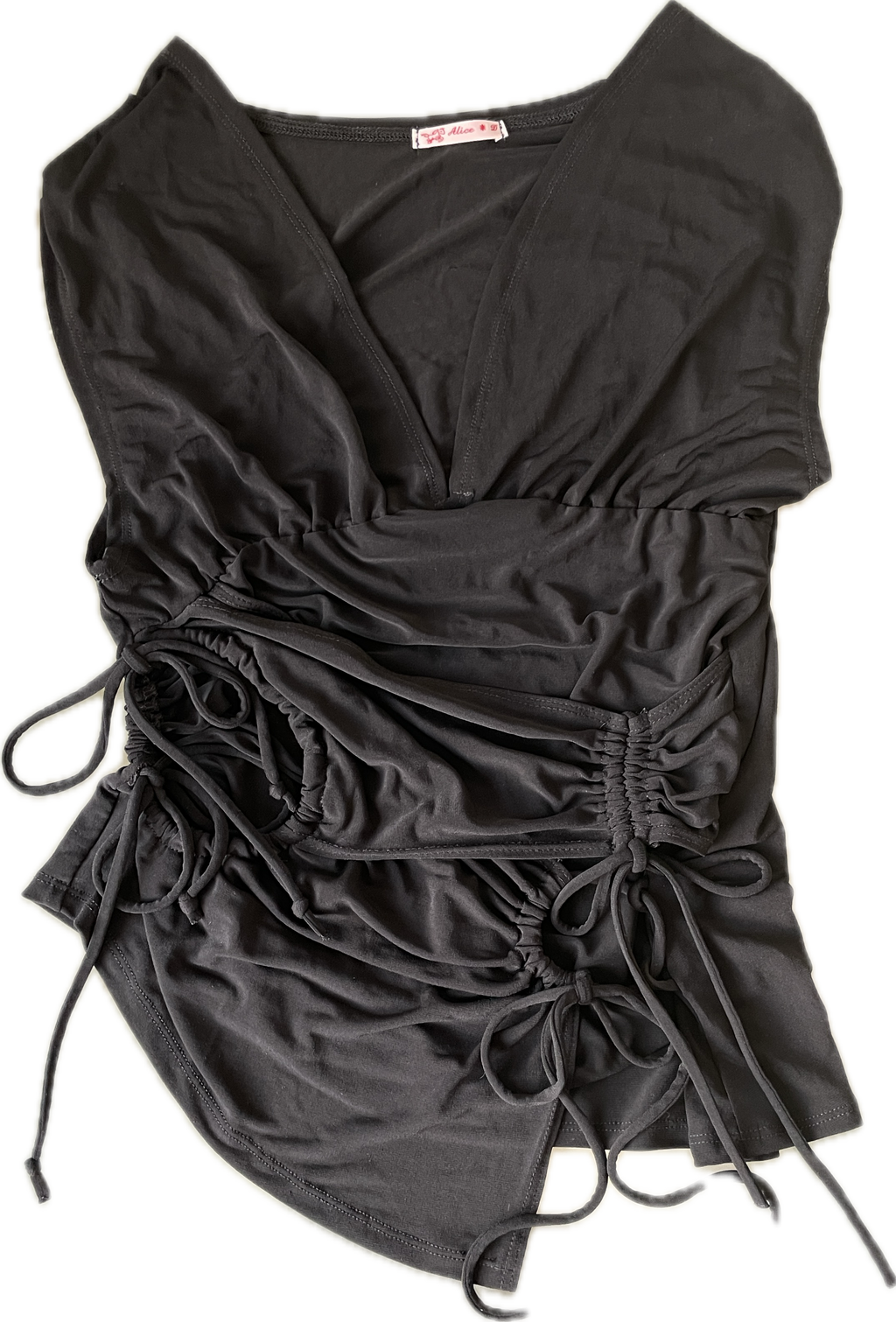 handmade slinky black ruched panel tie top
