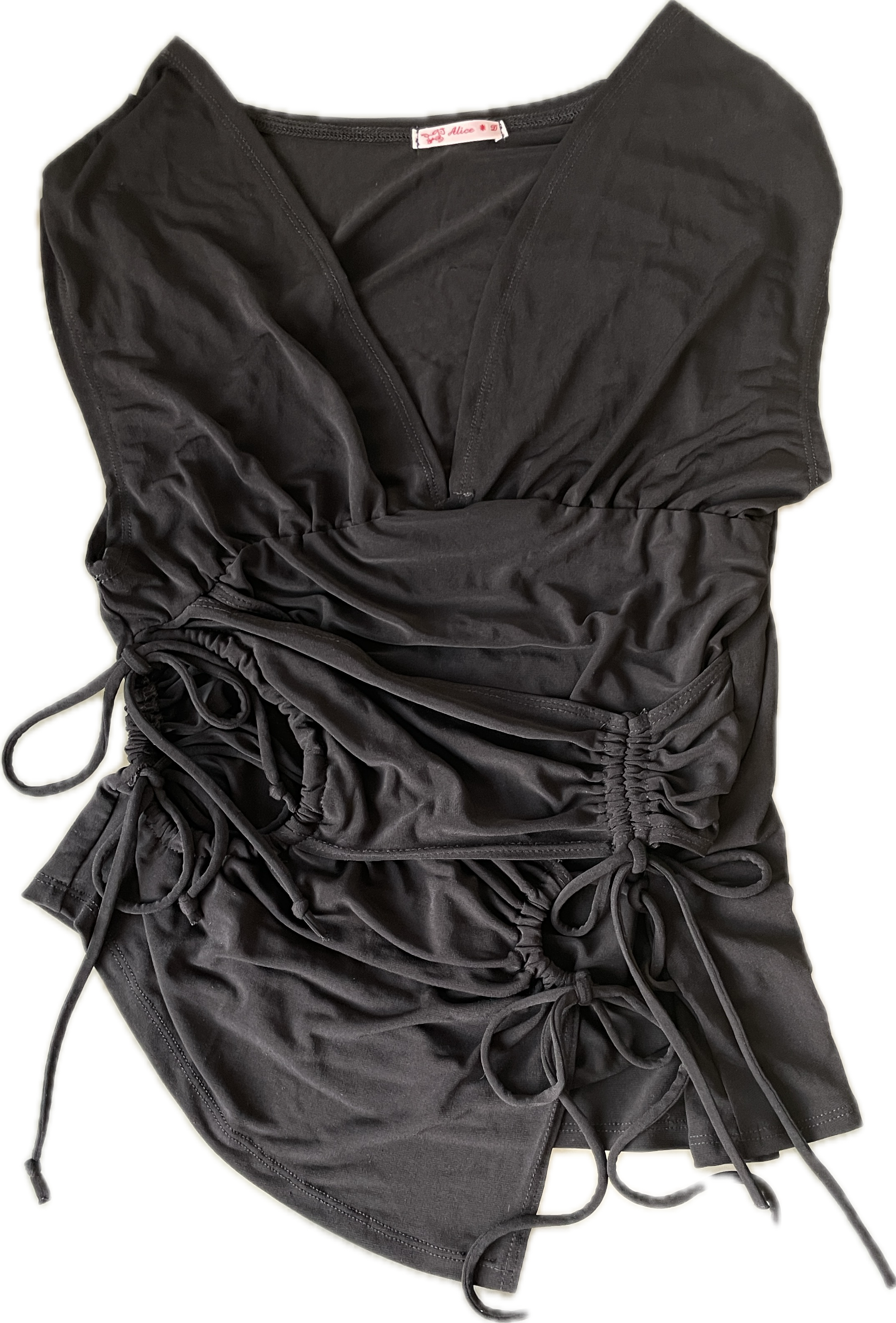 handmade slinky black ruched panel tie top