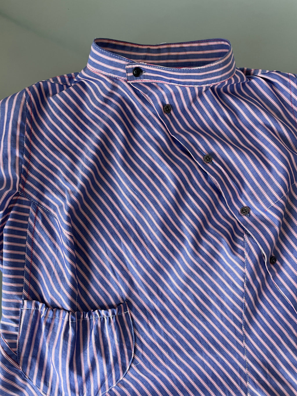reworked striped pocket button up asymetrical shirt