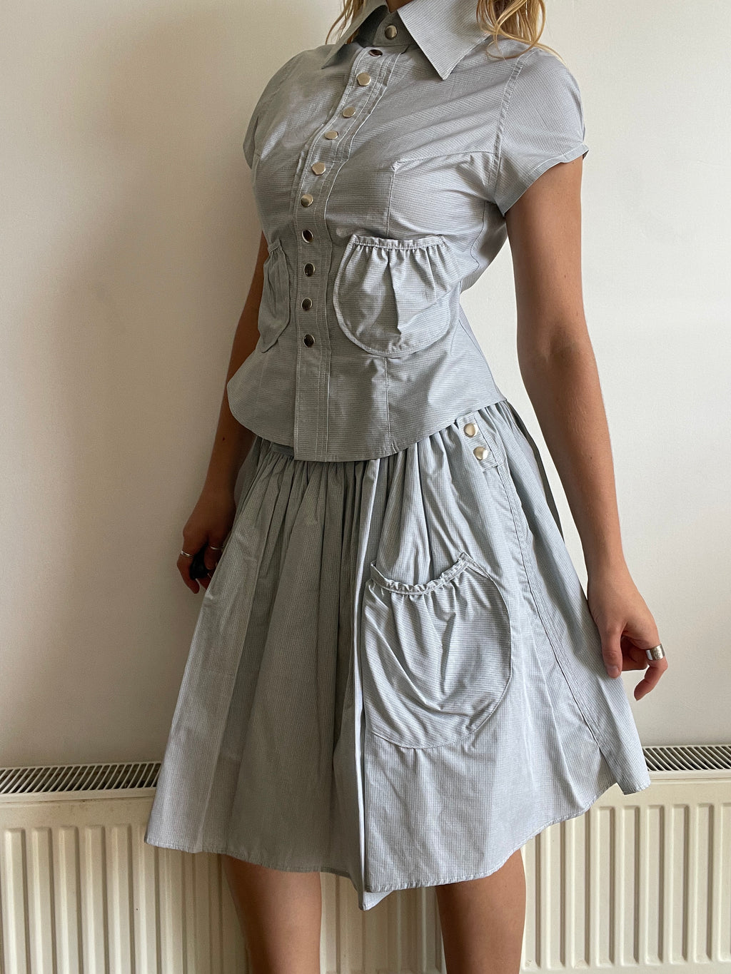 handmade matching set swishy asymmetrical skirt and pocket blouse