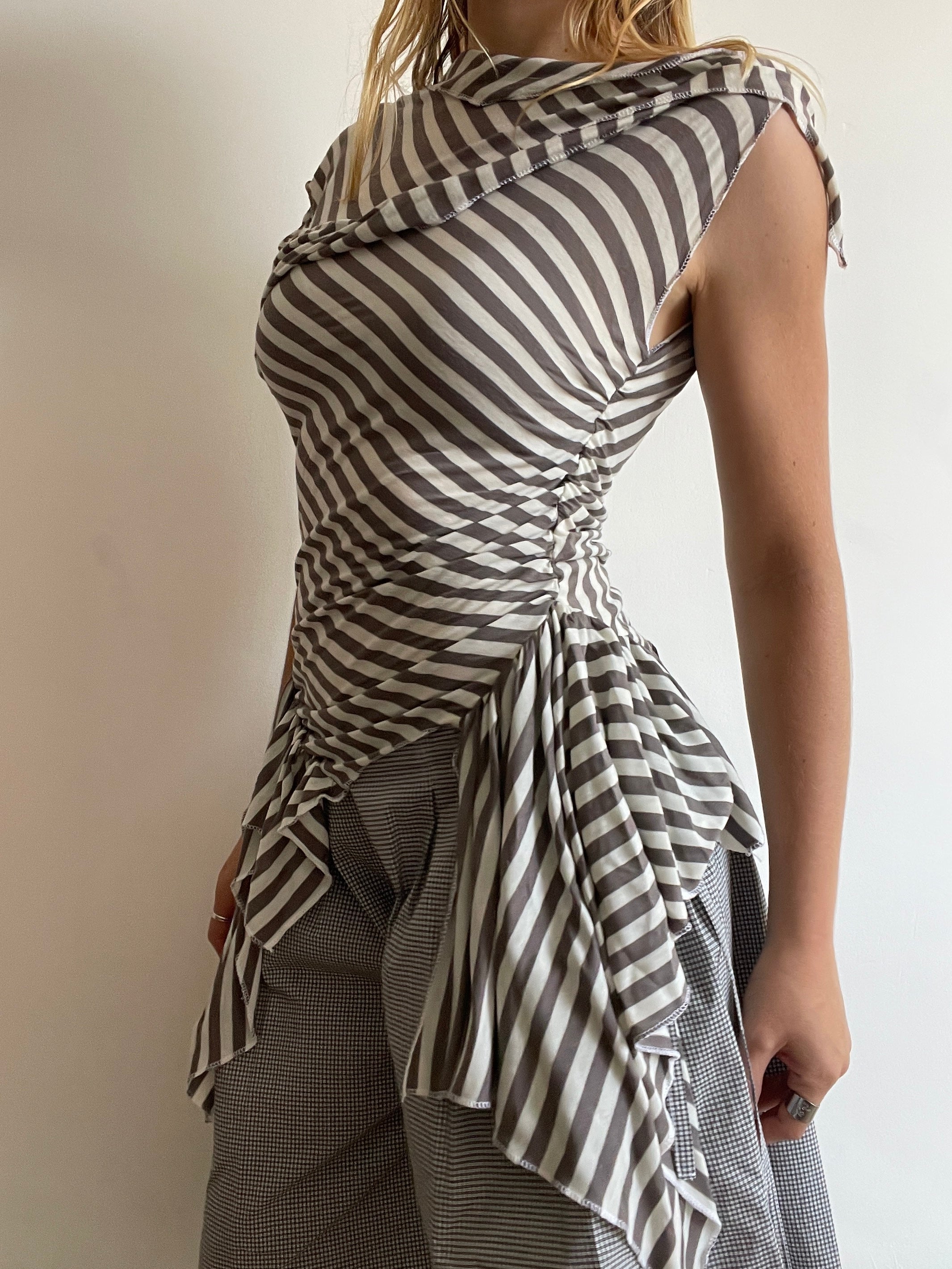 handmade asymmetrical pixie striped off the shoulder long fitted tunic top