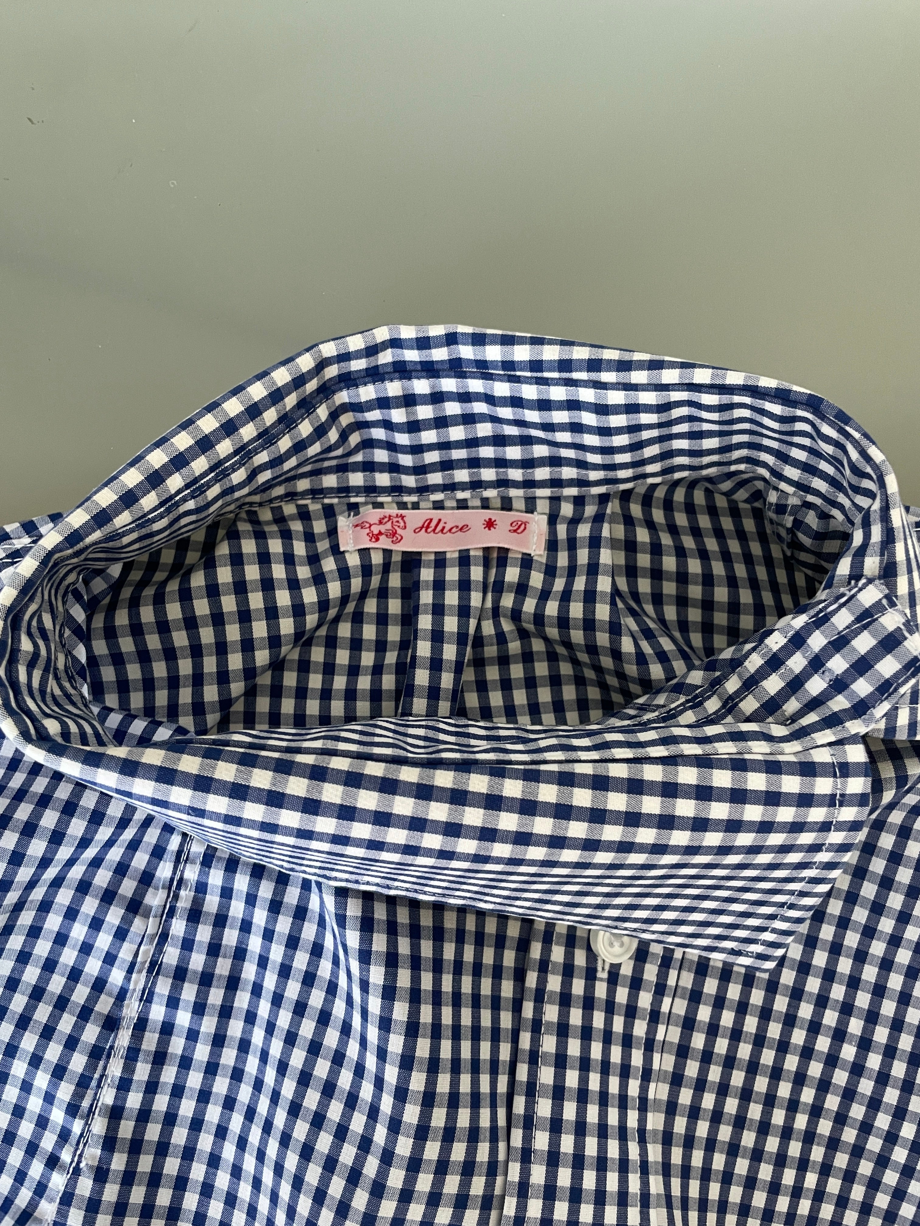 reworked asymetrical blue white gingham button up shirt