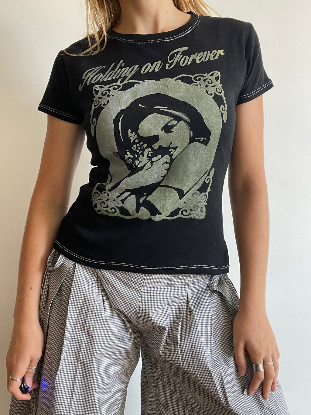 handmade holding on forever silver screenprint baby tee
