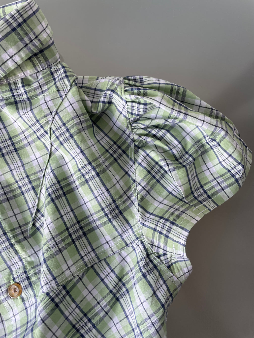 reworked green beige check puffed sleeve fitted blouse