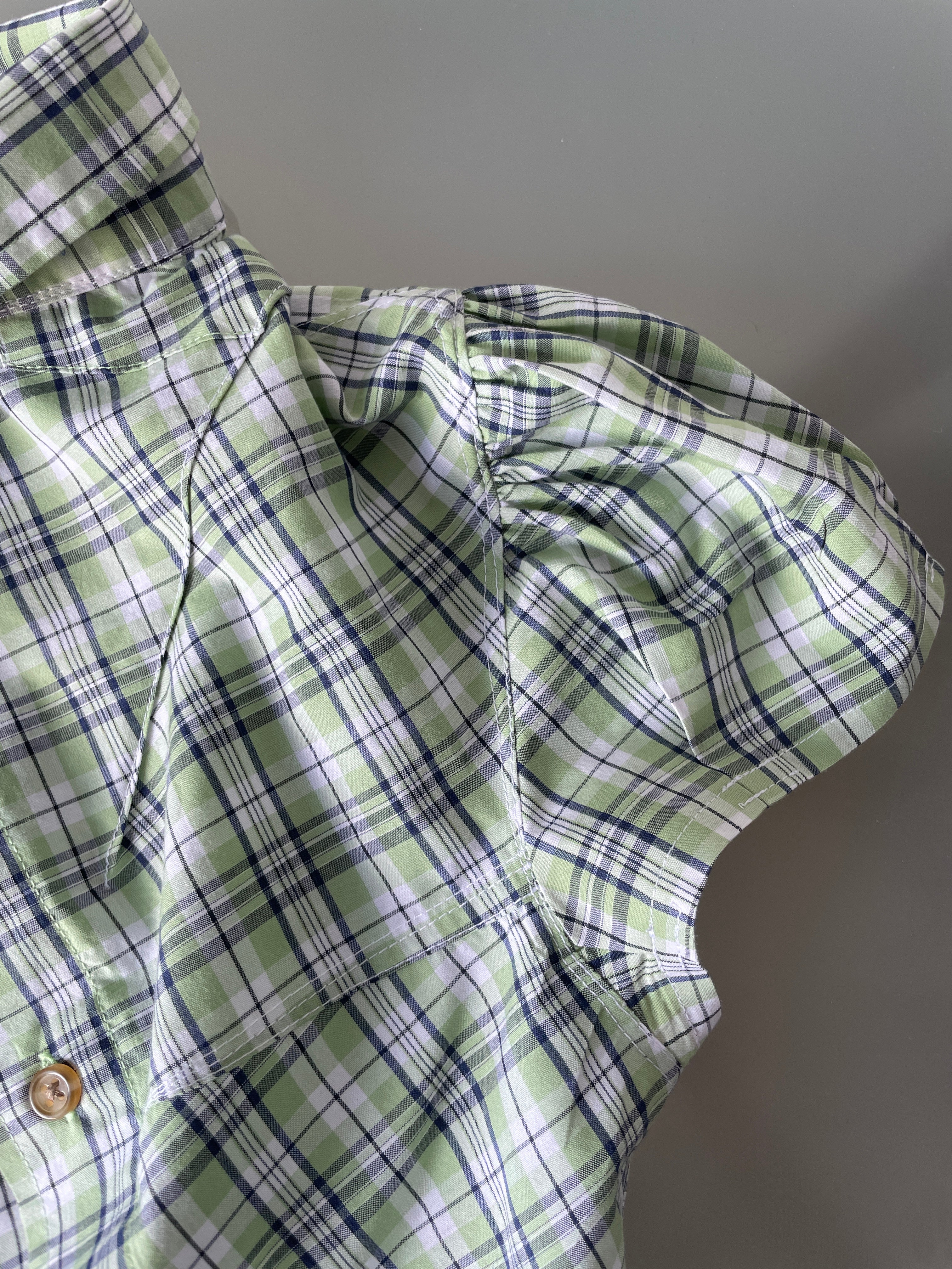 reworked green beige check puffed sleeve fitted blouse