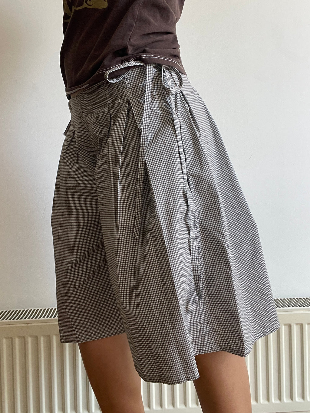 handmade pleated grey black check baggy shorts with pockets