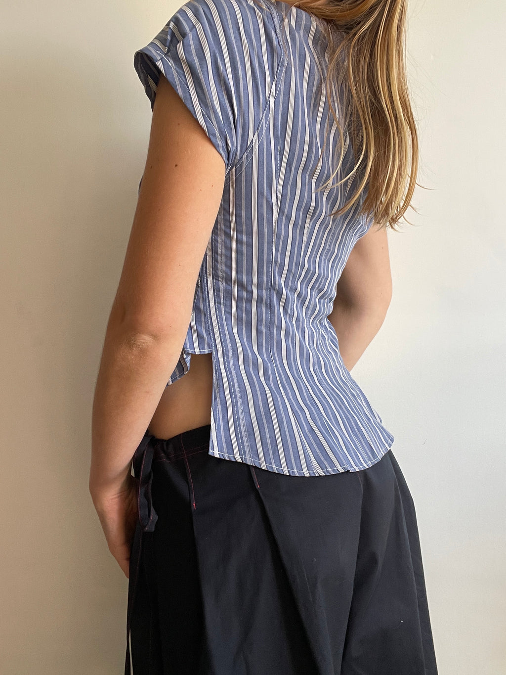 reworked striped double button up asymetrical fitted shirt