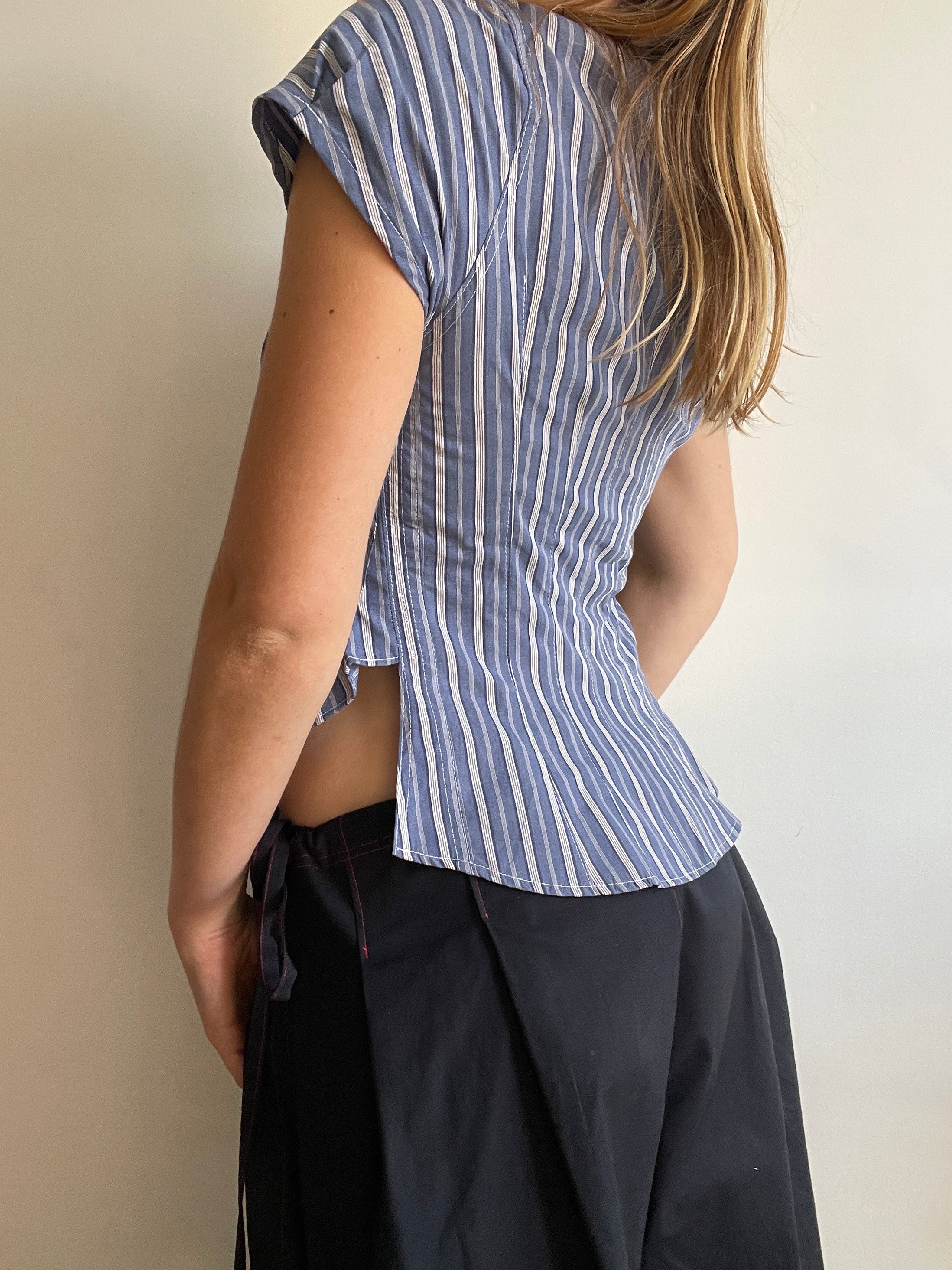 reworked striped double button up asymetrical fitted shirt