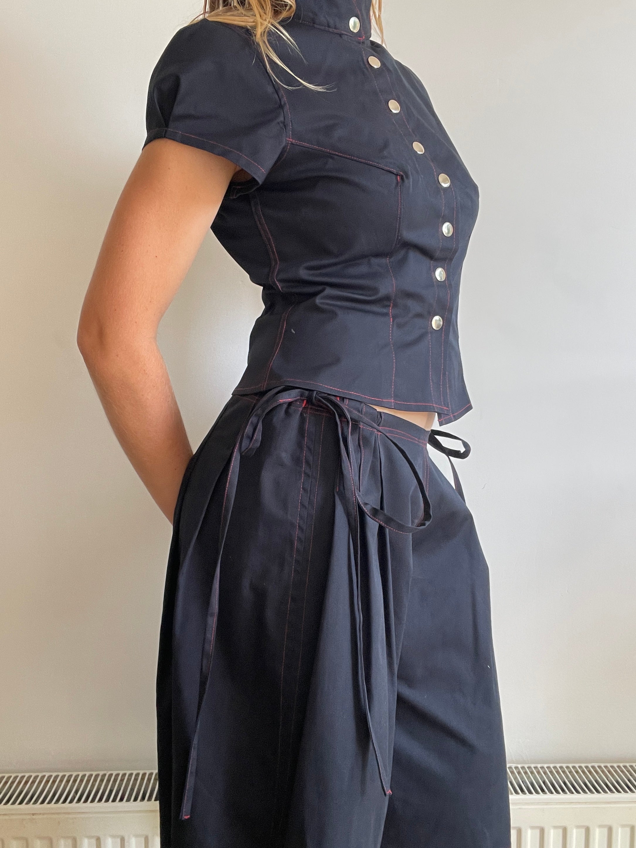 handmade matching set navy stretch baggy shorts and shirt