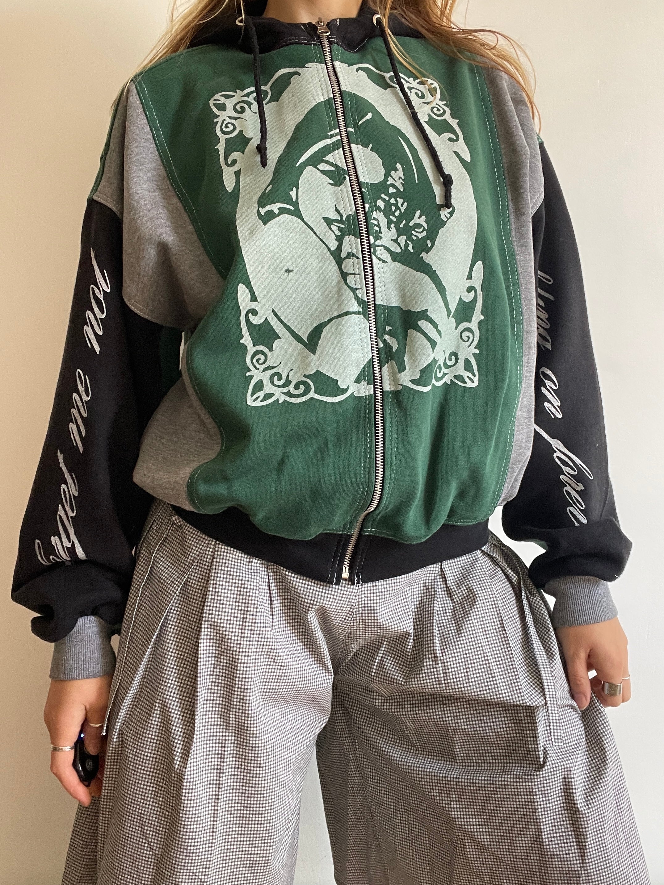 screen printed panelled cat girl zip up hoodie