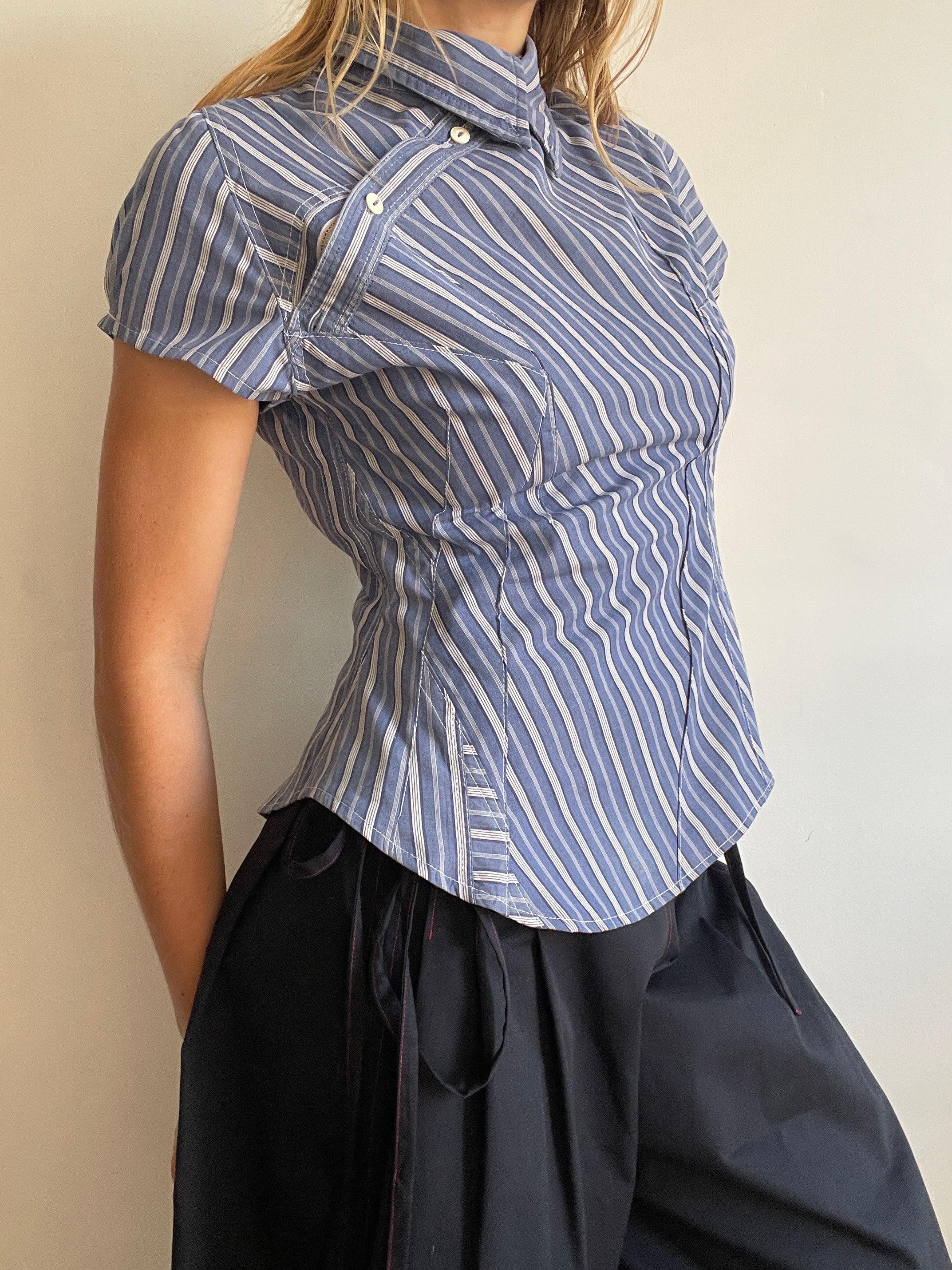 reworked striped double button up asymetrical fitted shirt
