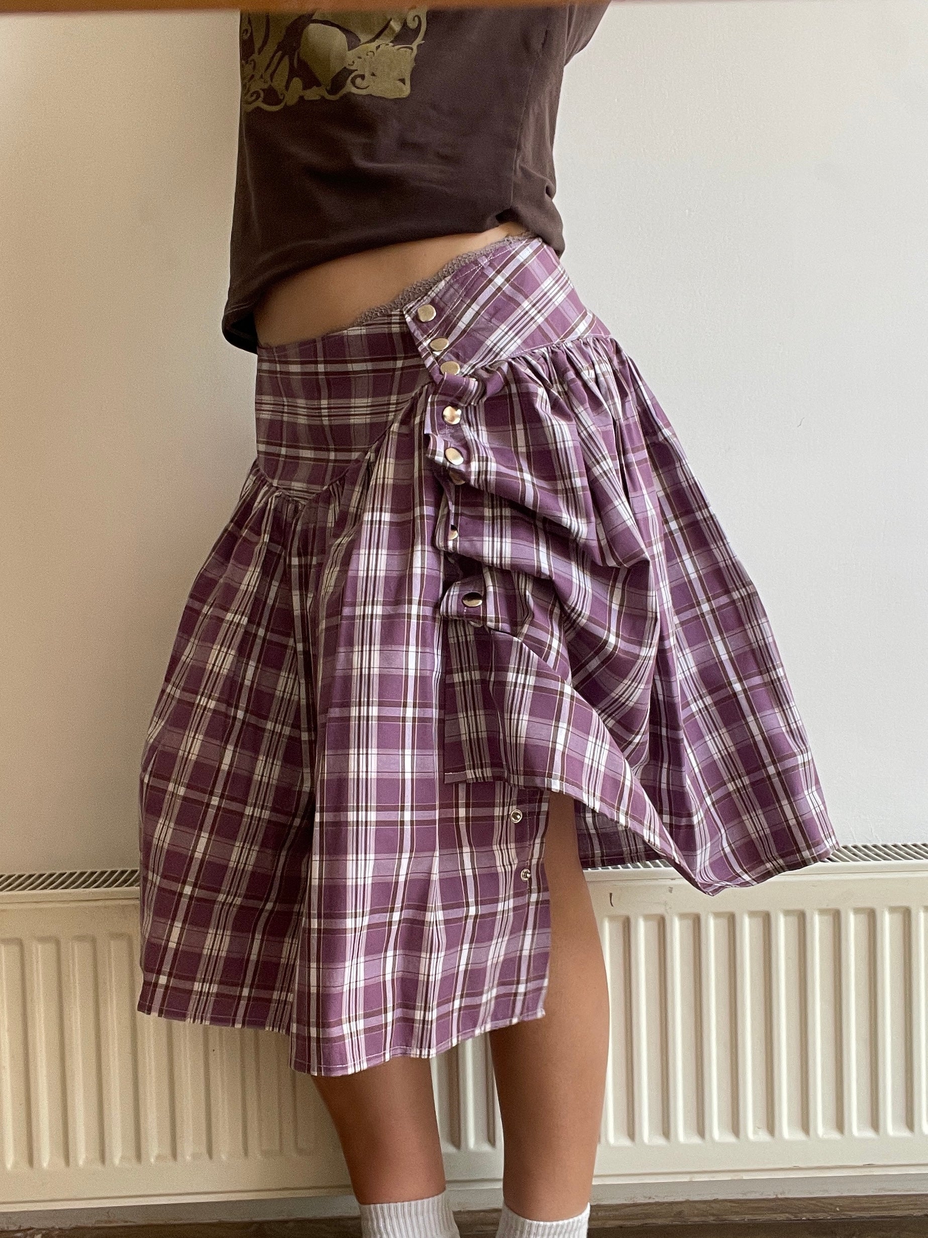 handmade metal popper button purple plaid gathered skirt