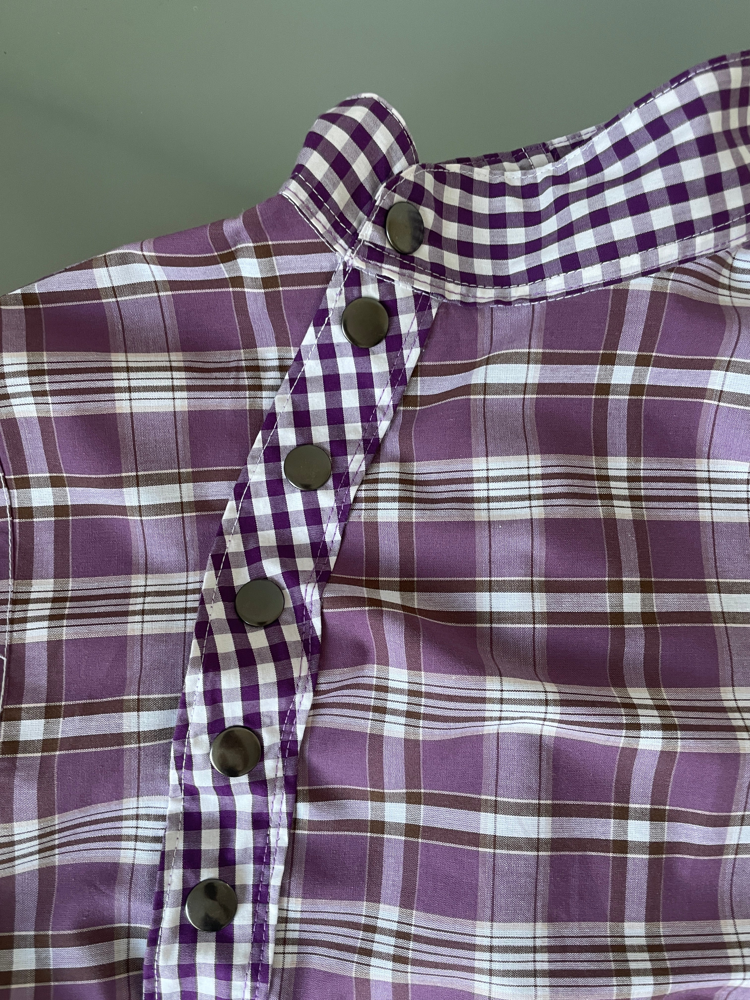 handmade purple tartan silver button up tank top