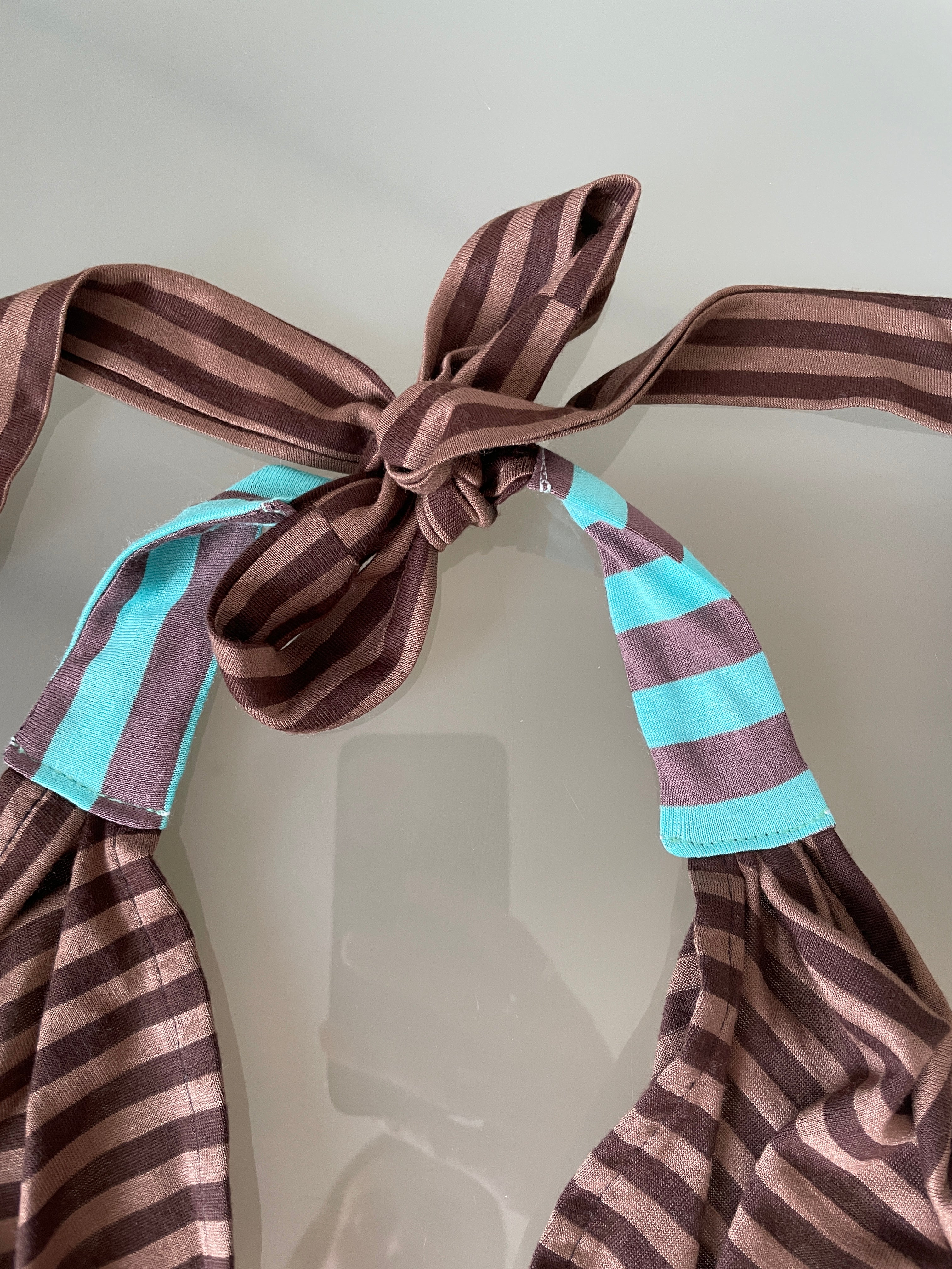 handmade brown stripe halterneck/ cowl neck with adjustable neck tie