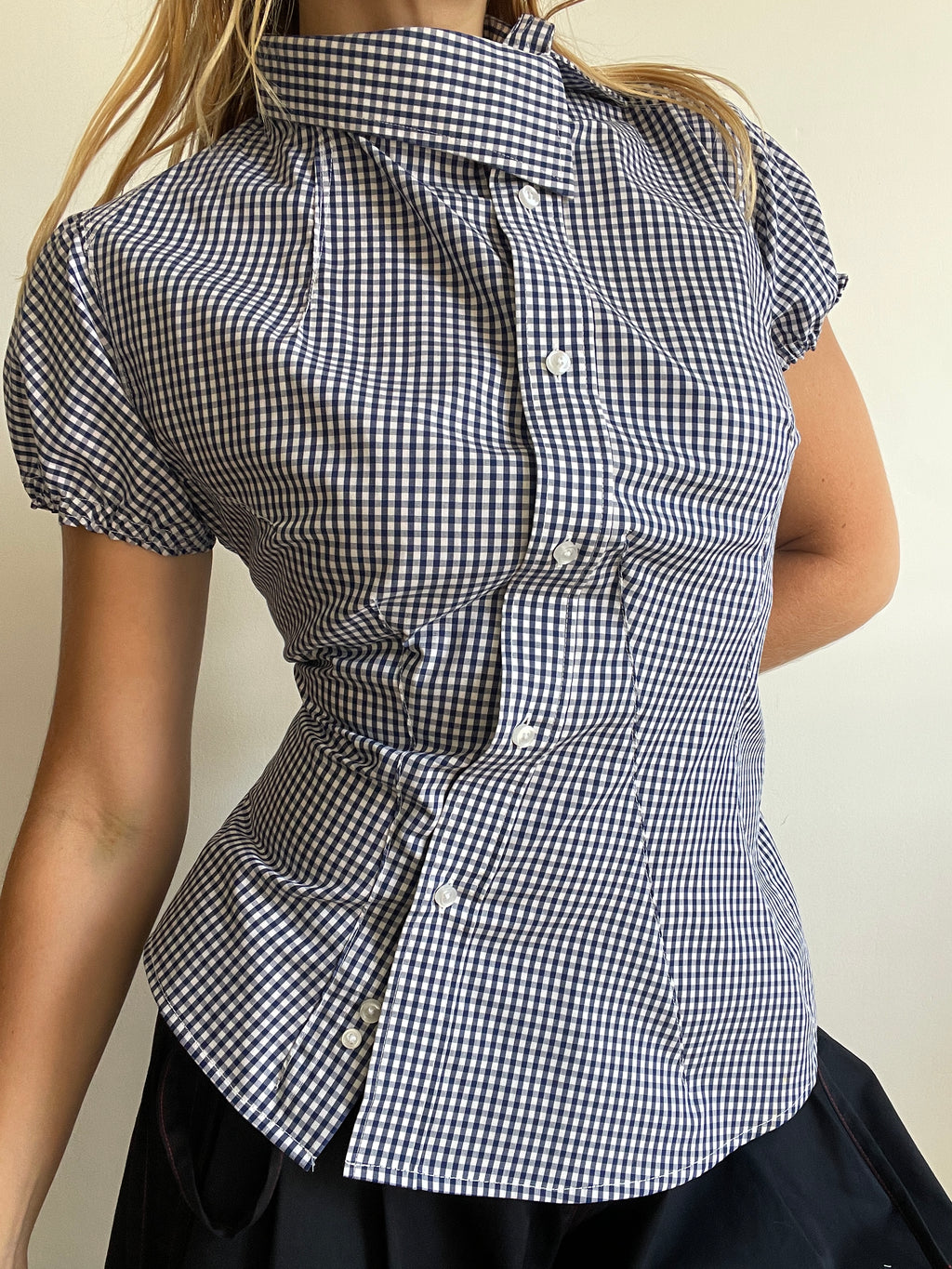 reworked asymetrical blue white gingham button up shirt