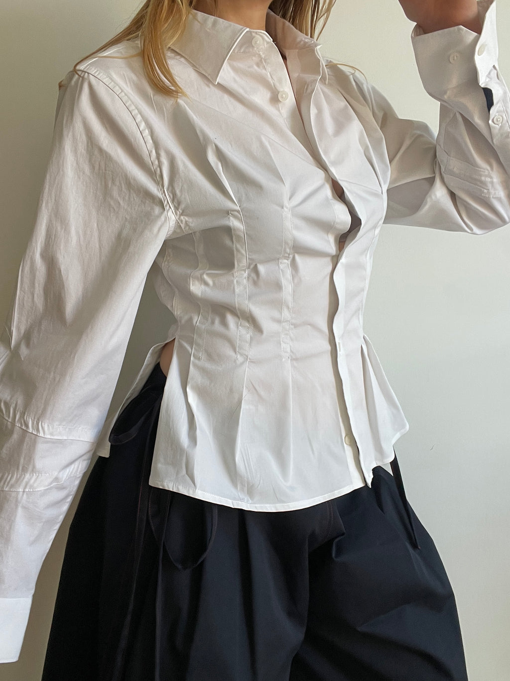 reworked white office pleated long sleeve shirt