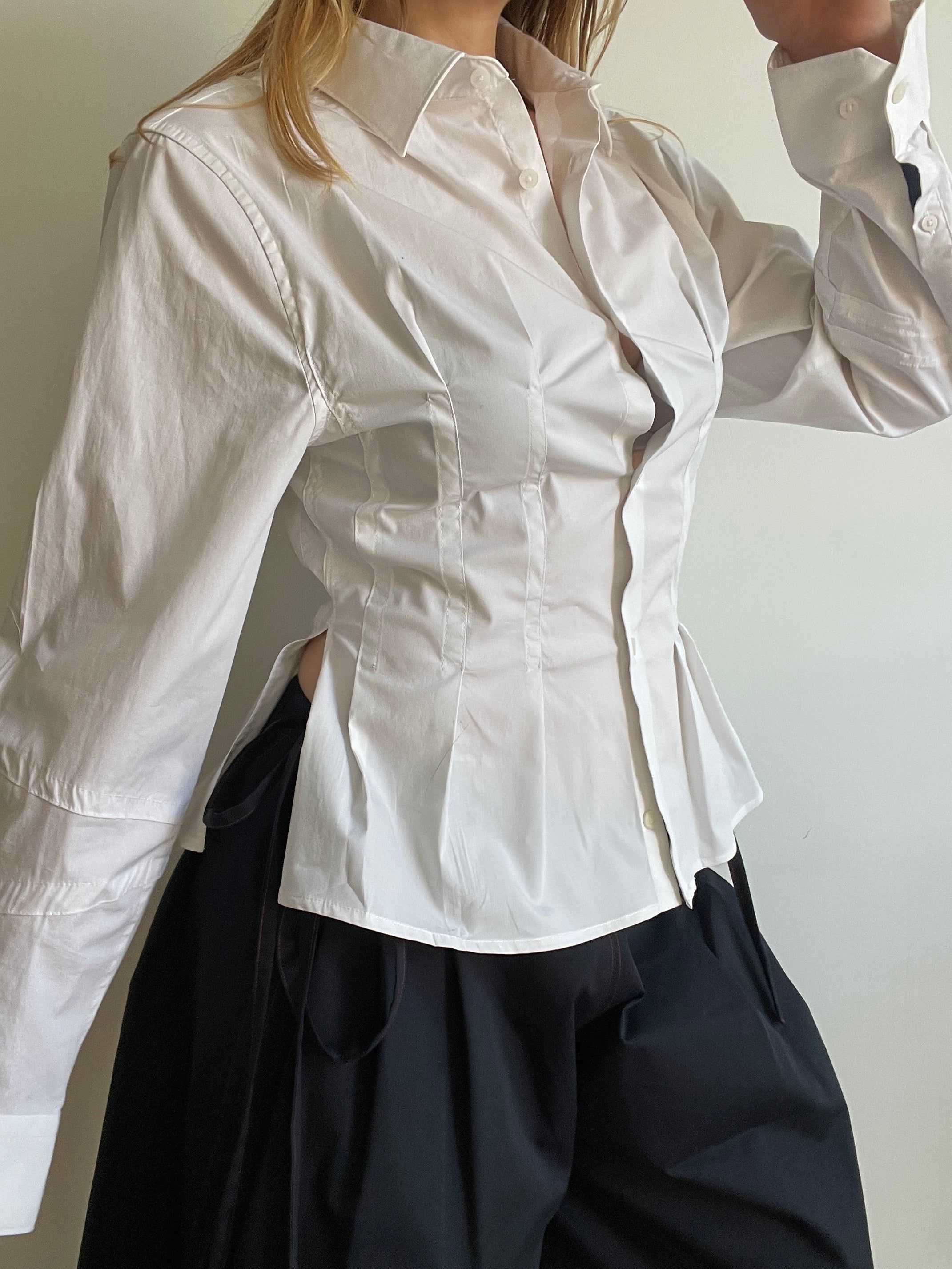 reworked white office pleated long sleeve shirt