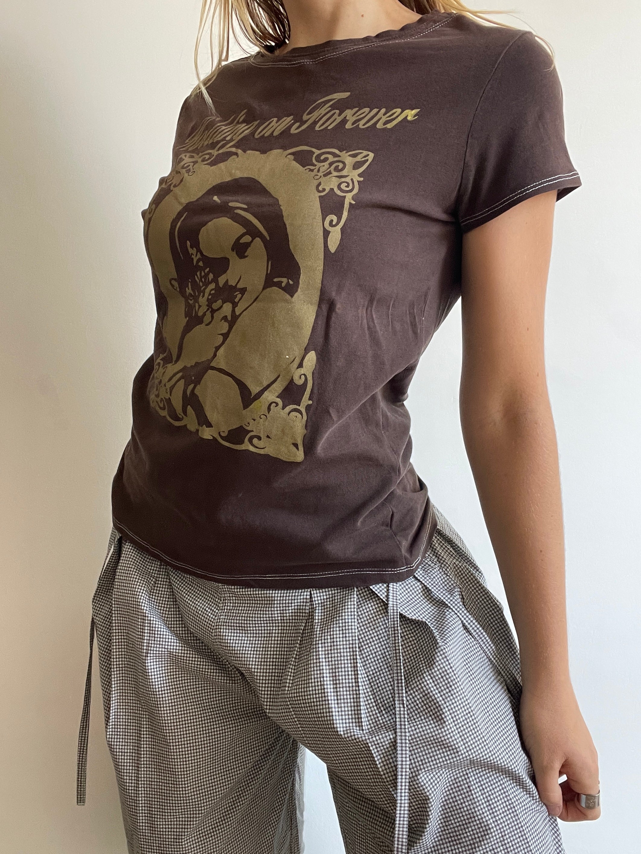 handmade brown and gold holding on forever baby tee