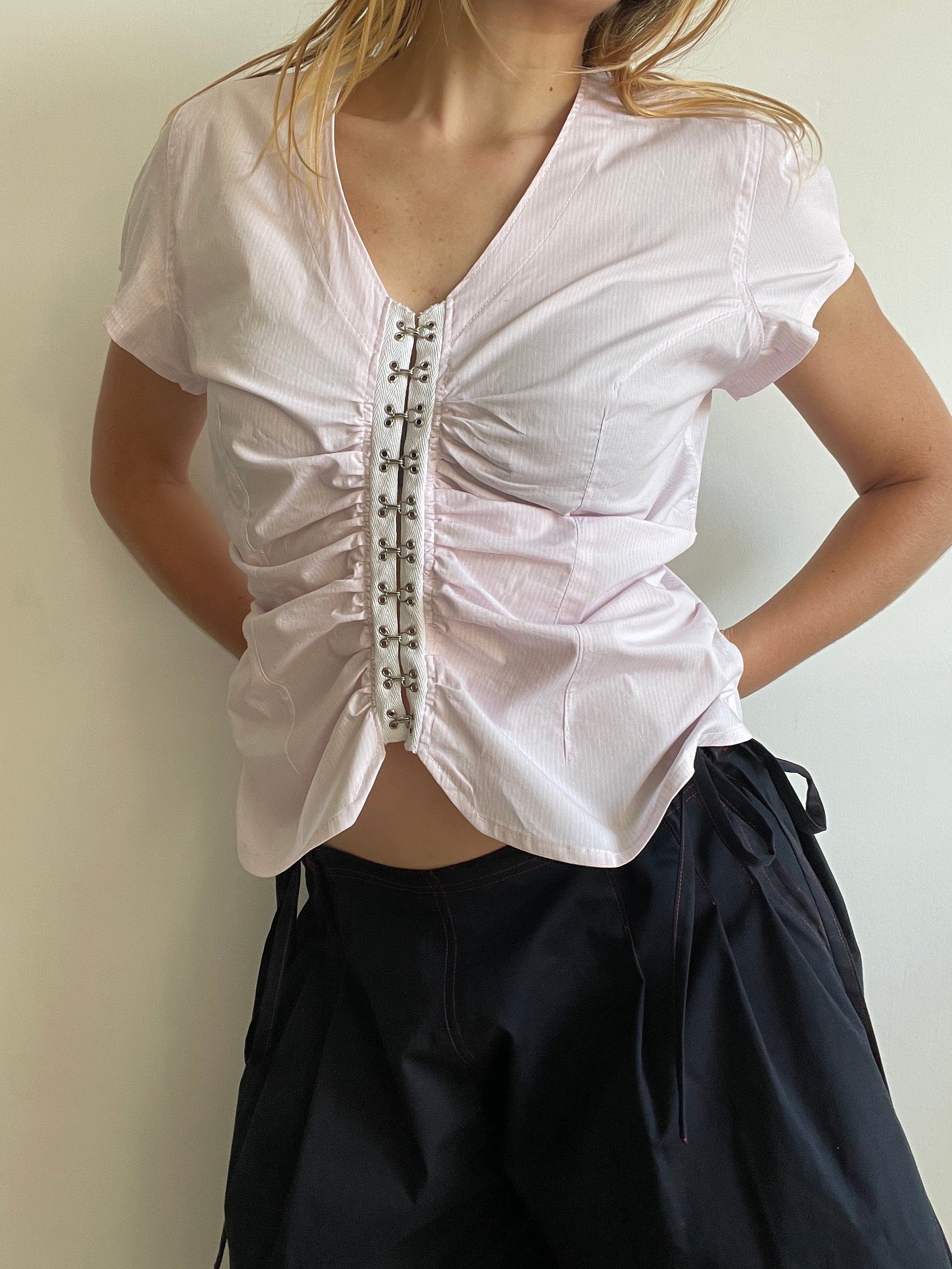 handmade ruched hook and eye pink pinstripe blouse