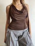 handmade brown stripe halterneck/ cowl neck with adjustable neck tie