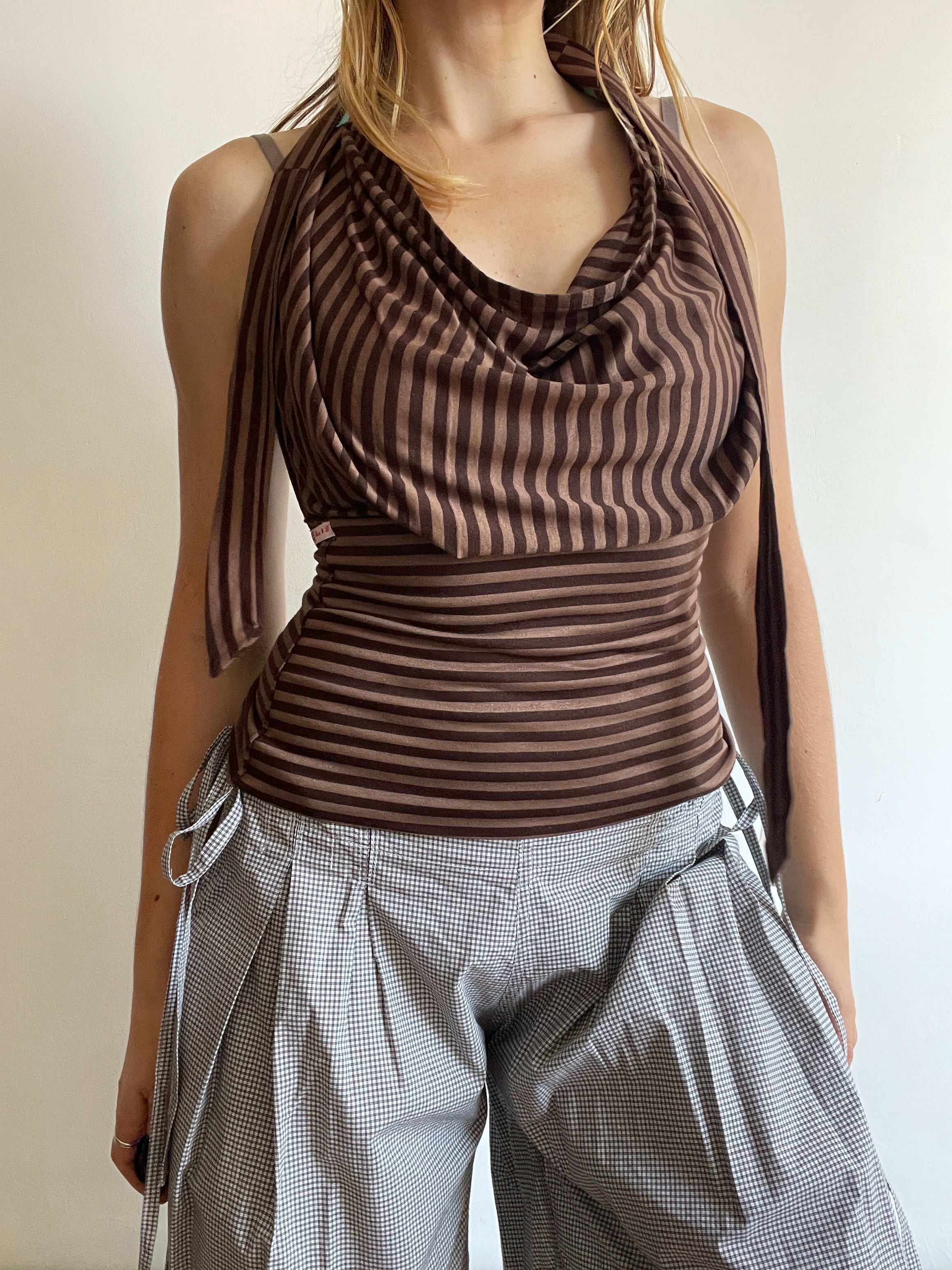 handmade brown stripe halterneck/ cowl neck with adjustable neck tie