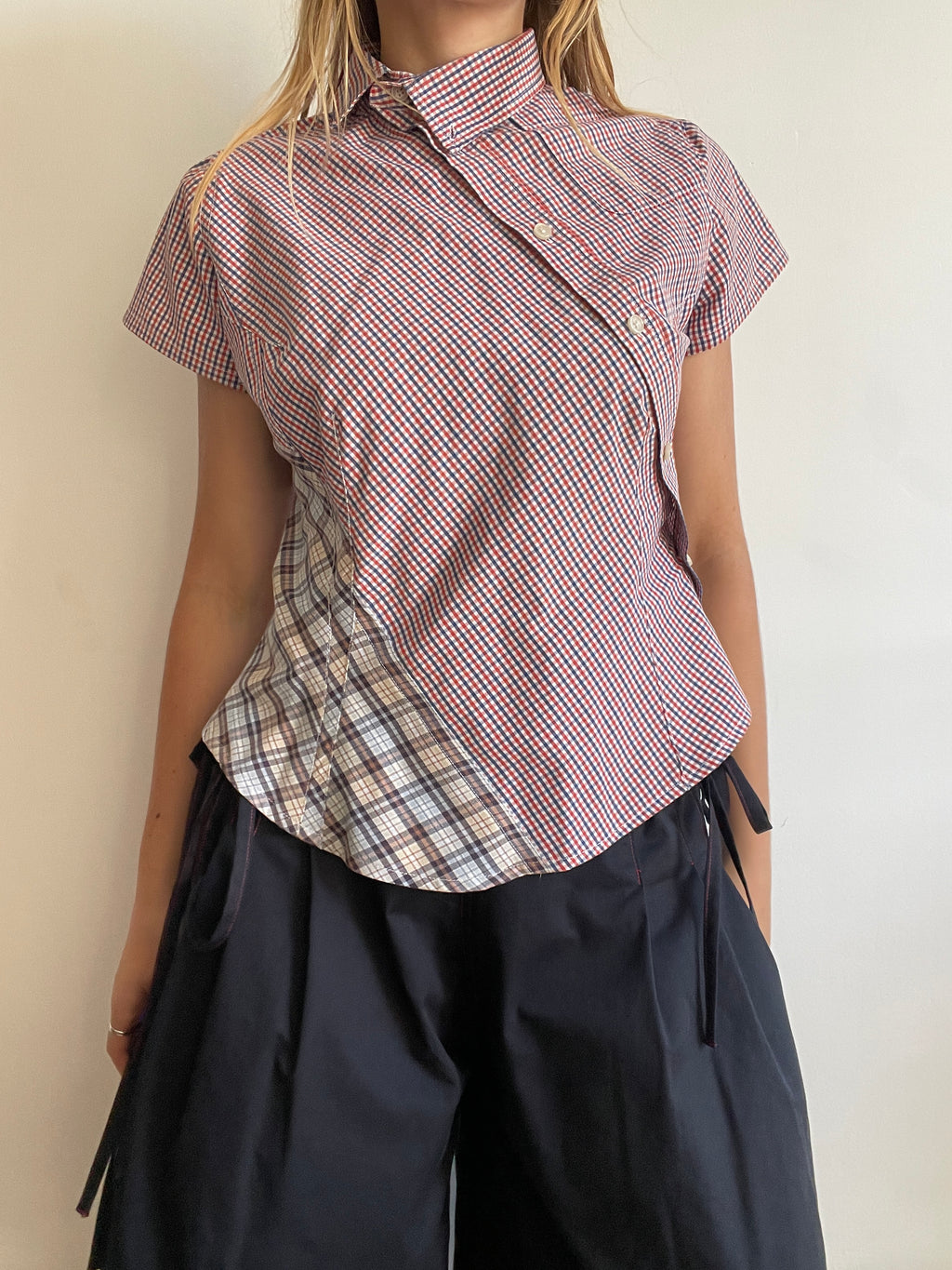 reworked patchwork gingham check blouse