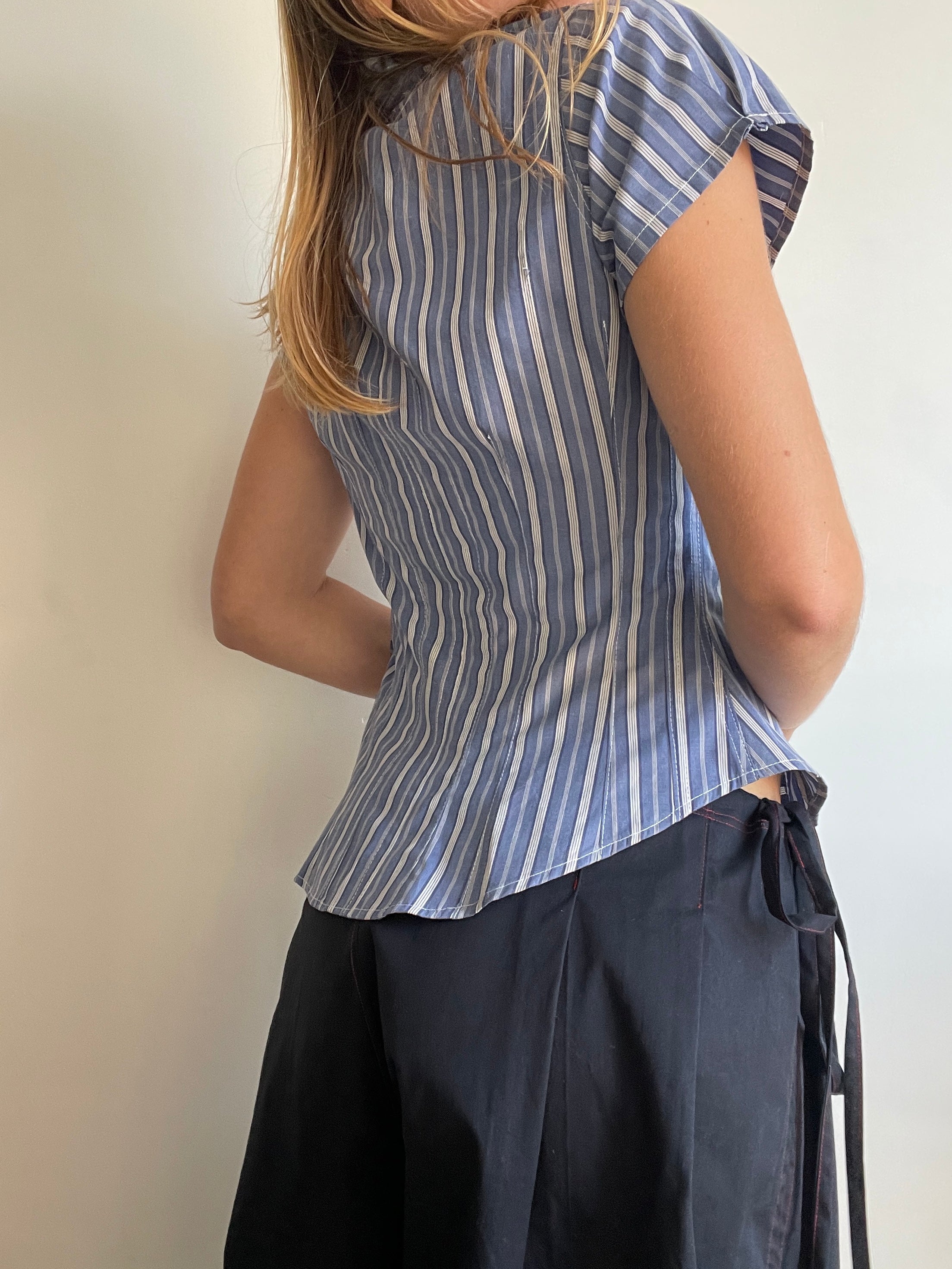 reworked striped double button up asymetrical fitted shirt