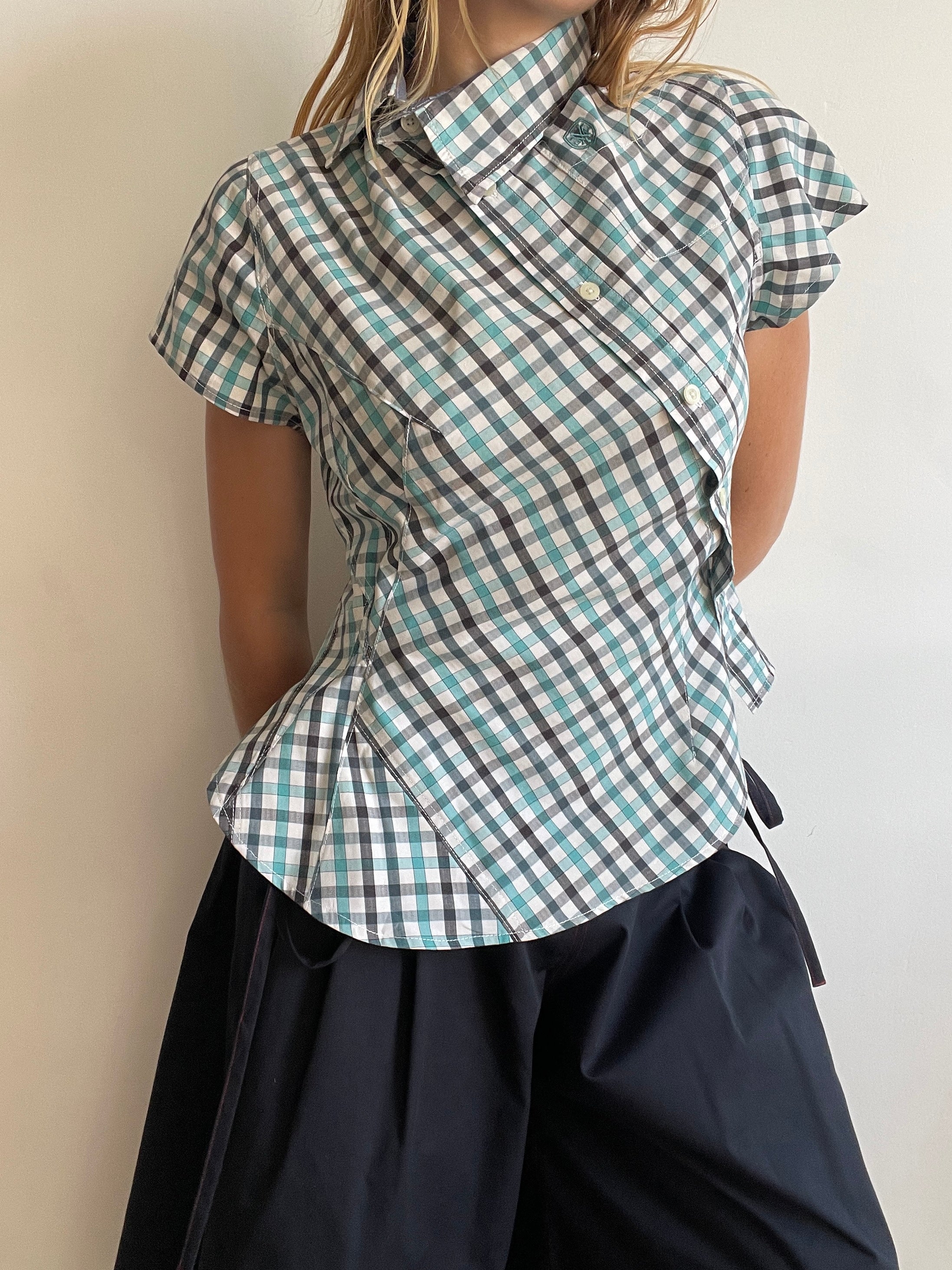 reworked blue black check fitted blouse