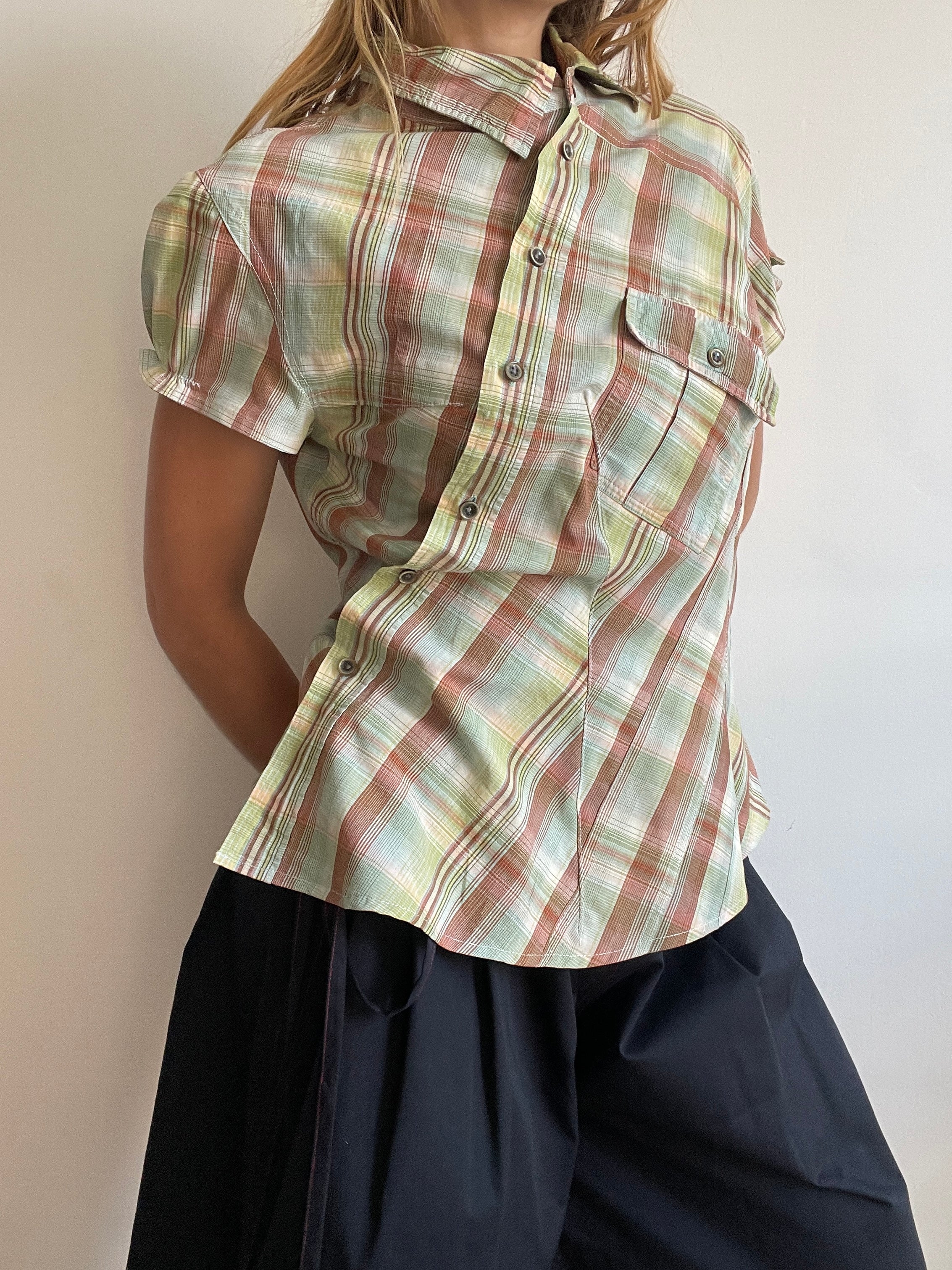 reworked pastel button up asymetrical shirt