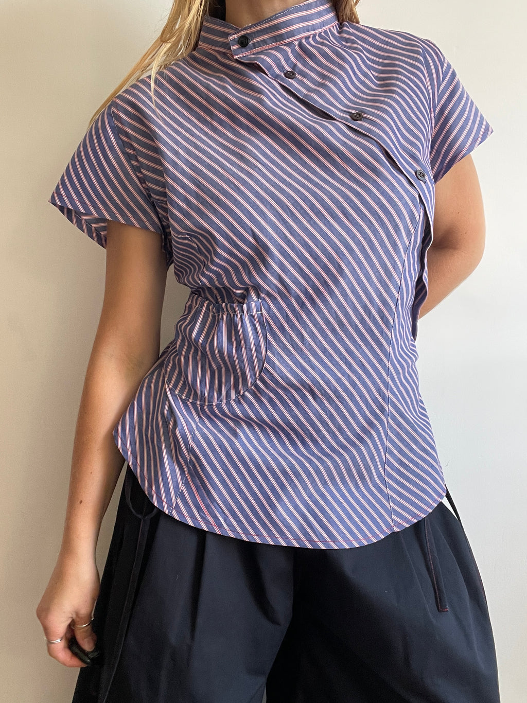 reworked striped pocket button up asymetrical shirt