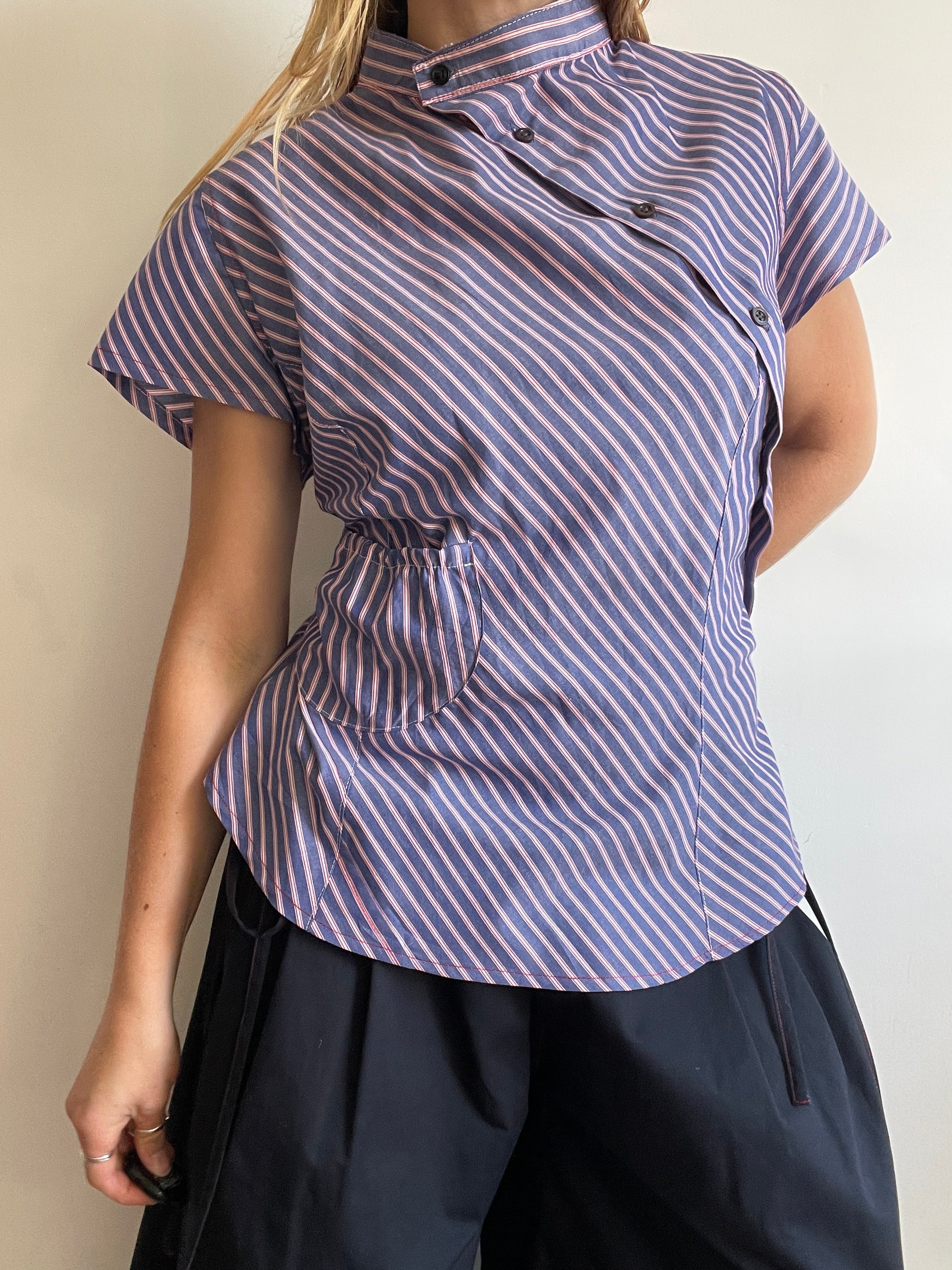 reworked striped pocket button up asymetrical shirt
