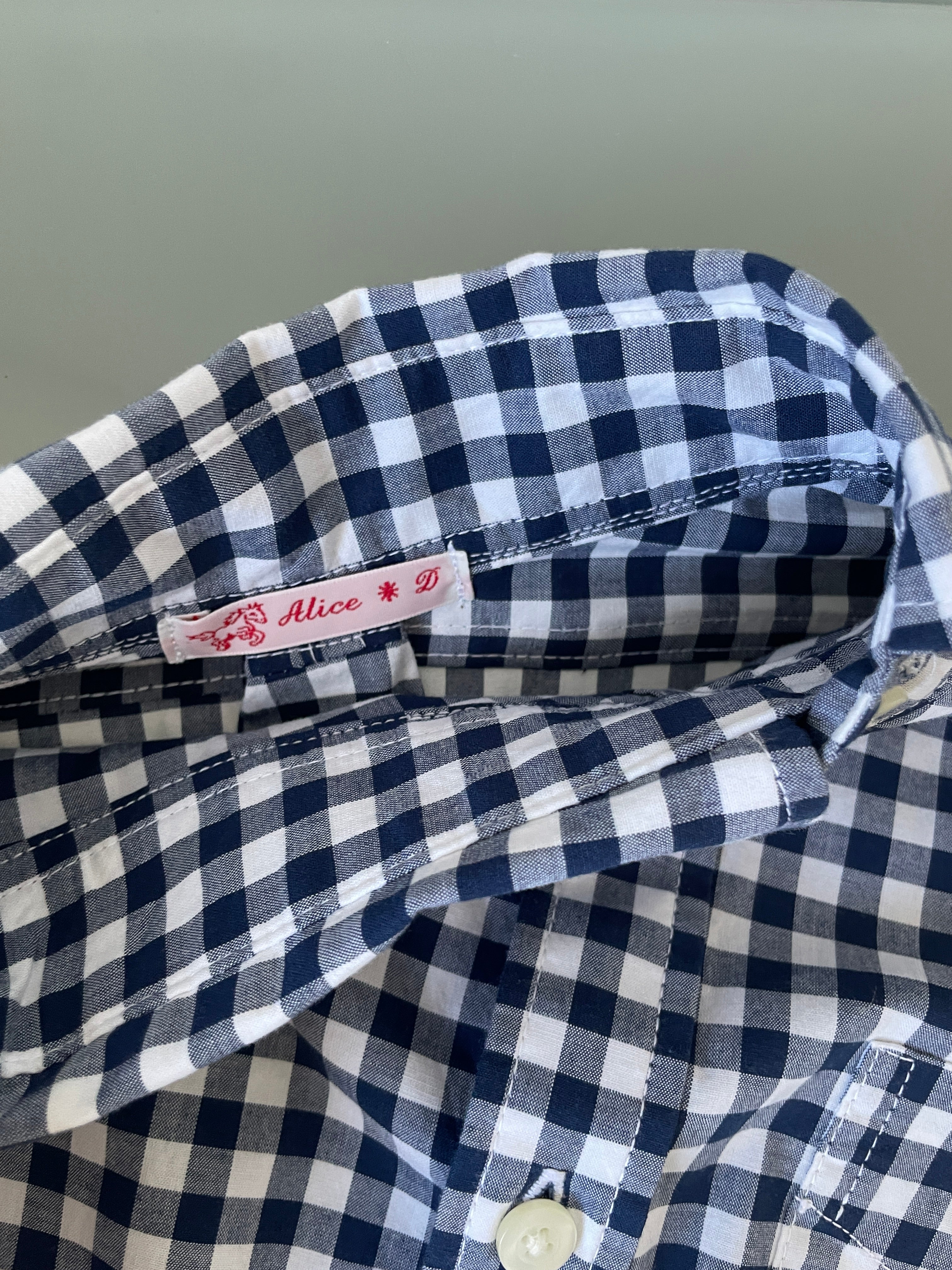 reworked asymetrical blue gingham fitted shirt