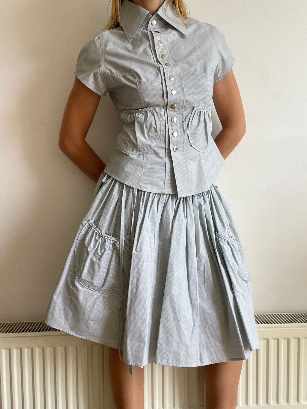 handmade matching set swishy asymmetrical skirt and pocket blouse
