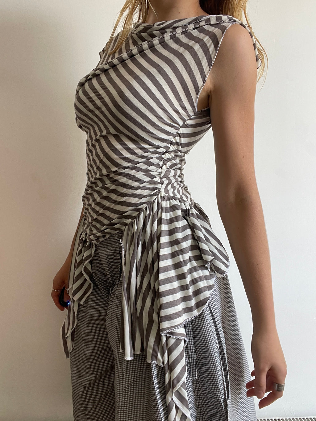 handmade asymmetrical pixie striped off the shoulder long fitted tunic top