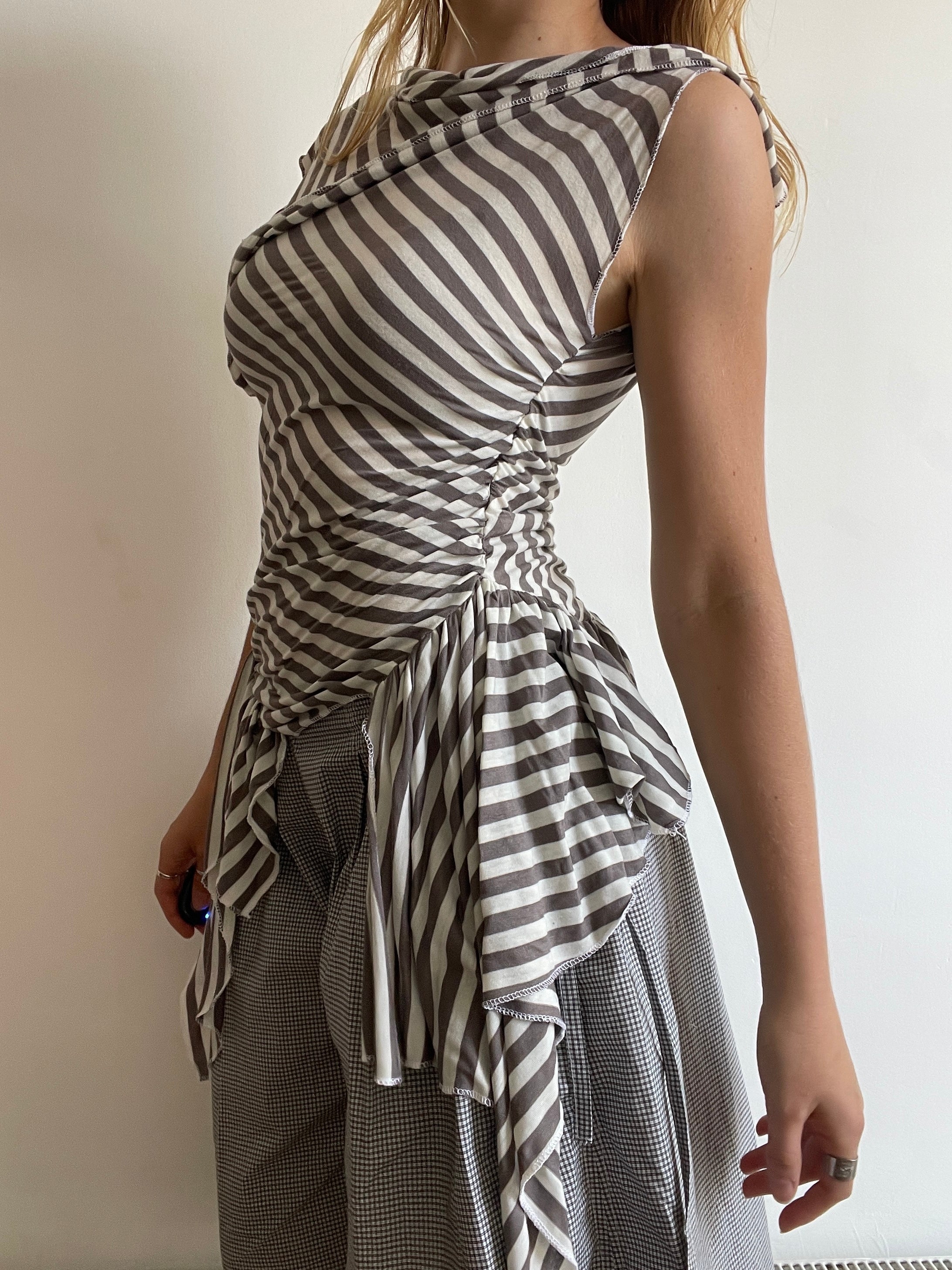 handmade asymmetrical pixie striped off the shoulder long fitted tunic top