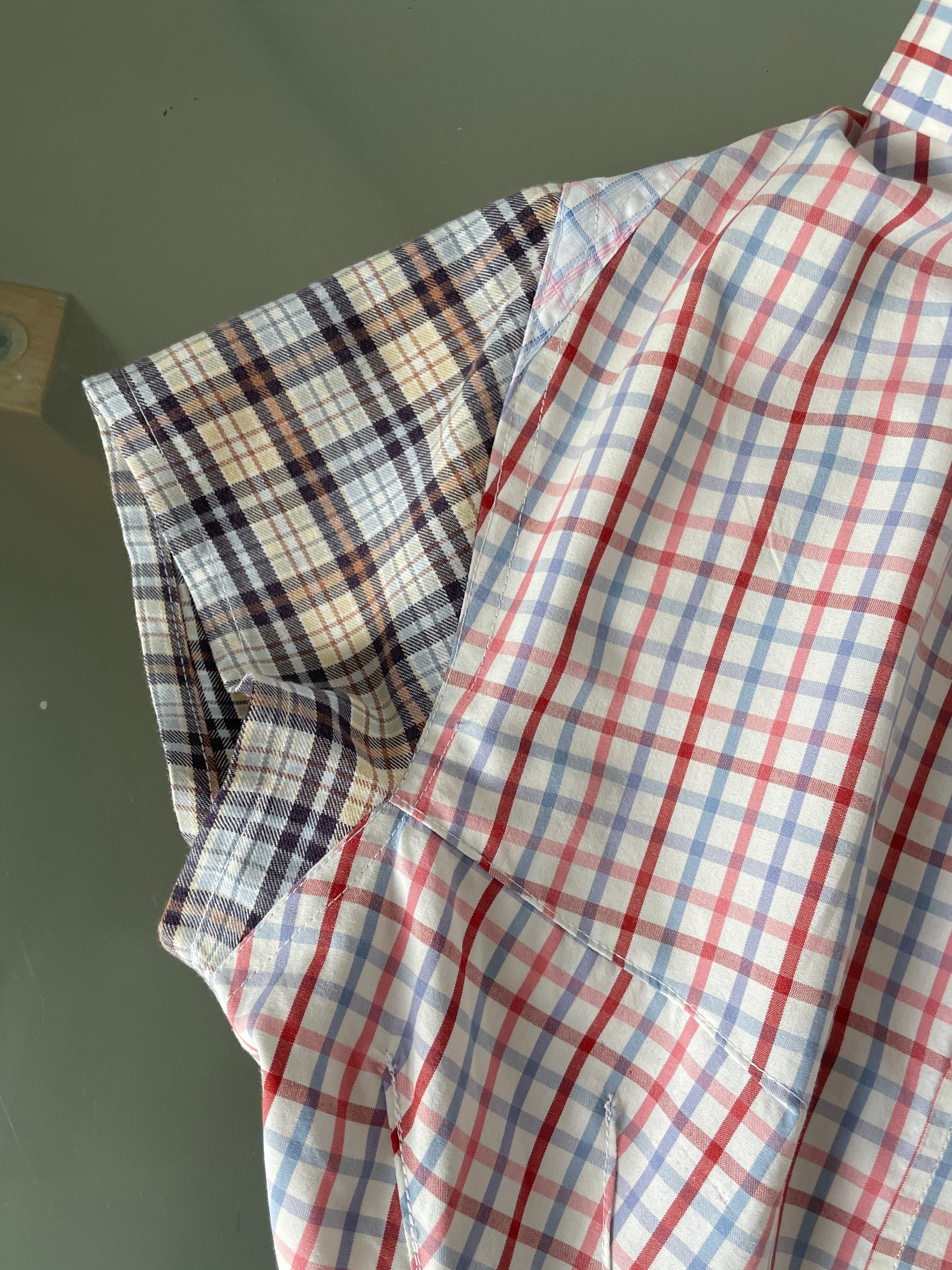 reworked patchwork check print fitted asymmetrical blouse