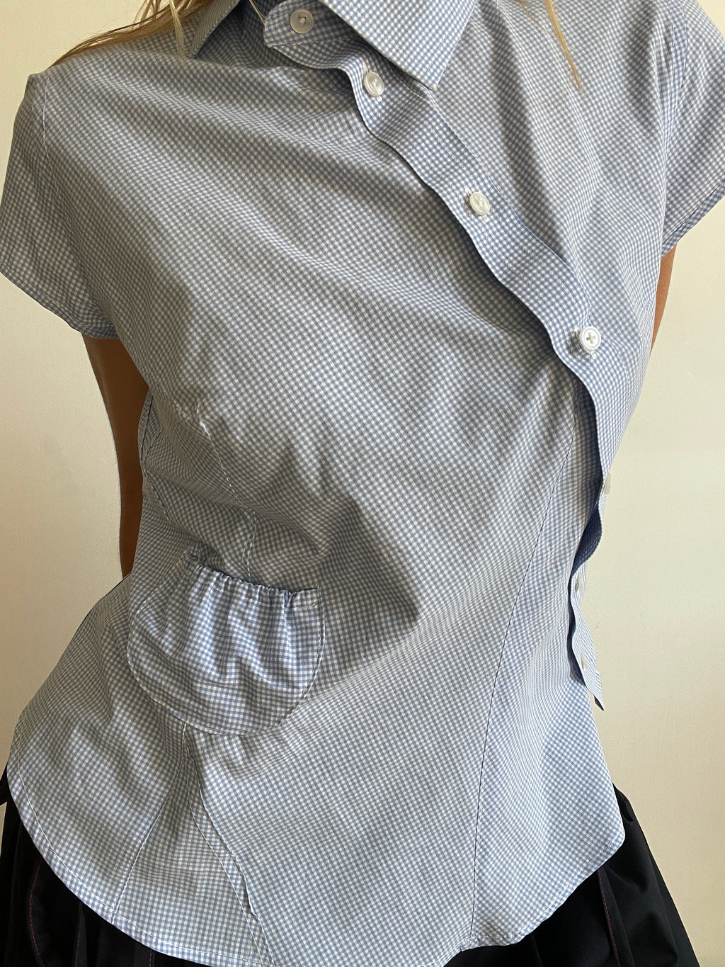 reworked asymetrical baby blue gingham pocket collar shirt