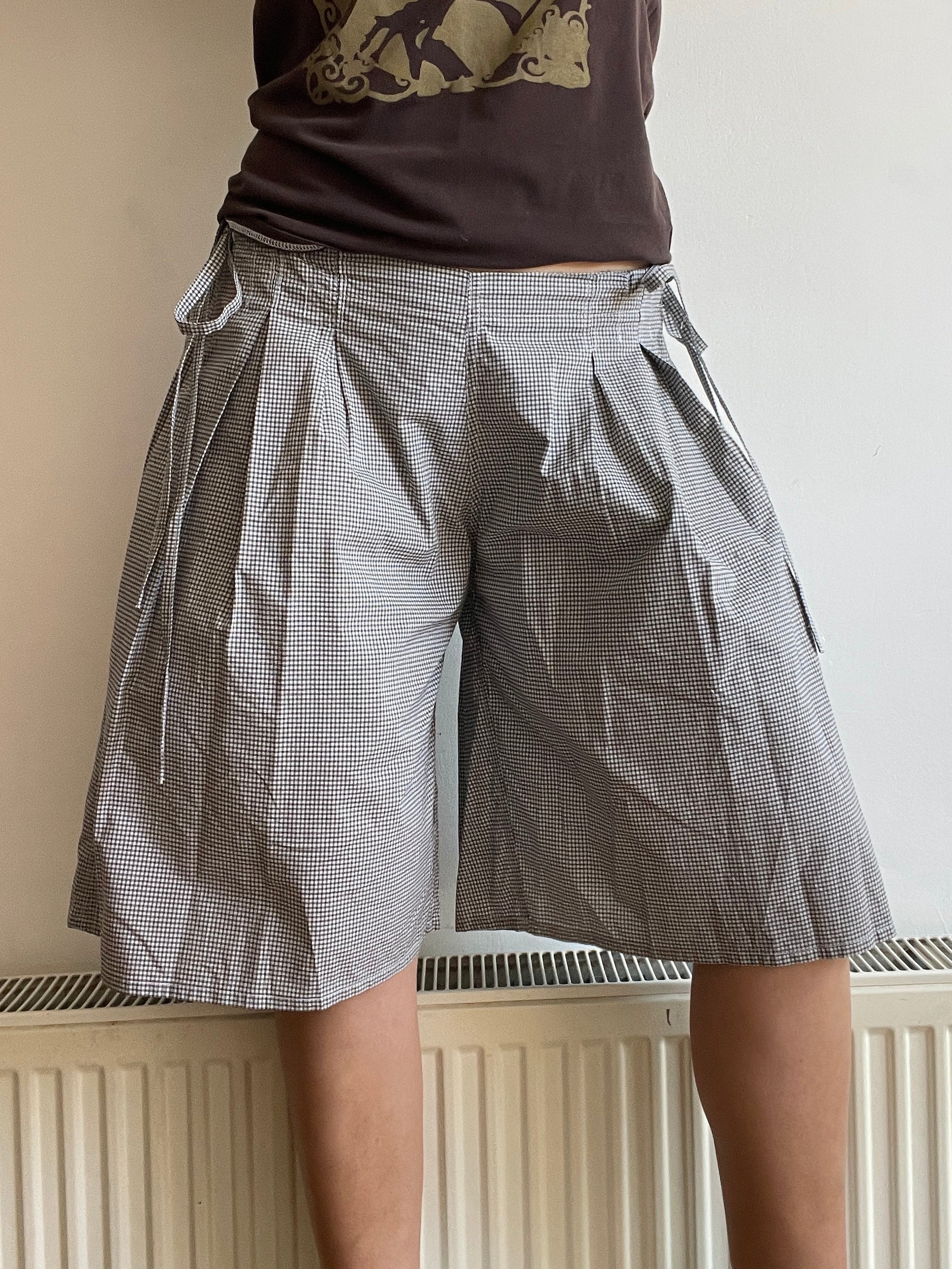 handmade pleated grey black check baggy shorts with pockets