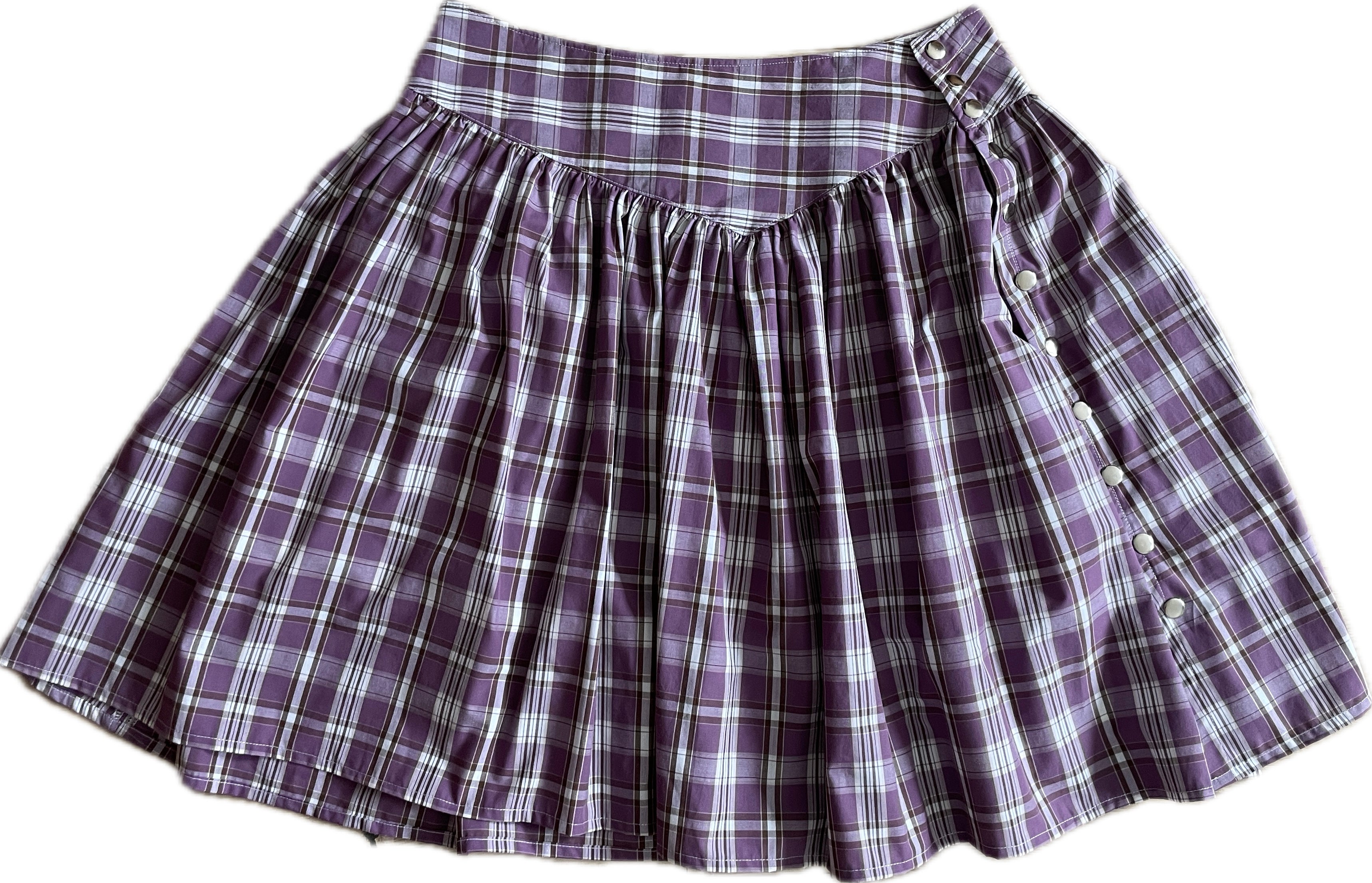 handmade metal popper button purple plaid gathered skirt