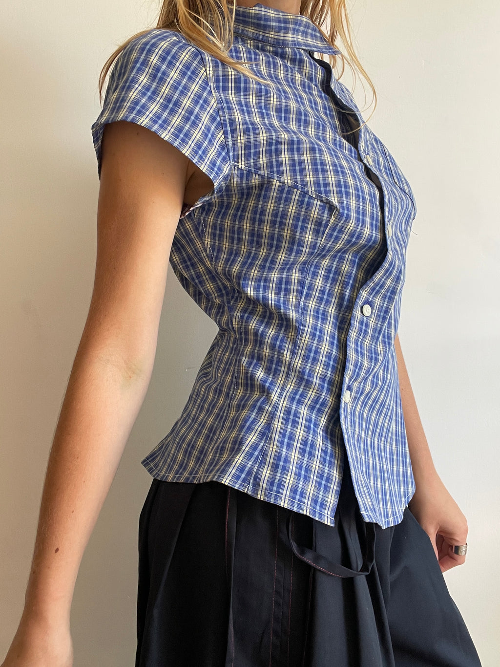 reworked blue yellow tartan asymetrical fitted shirt