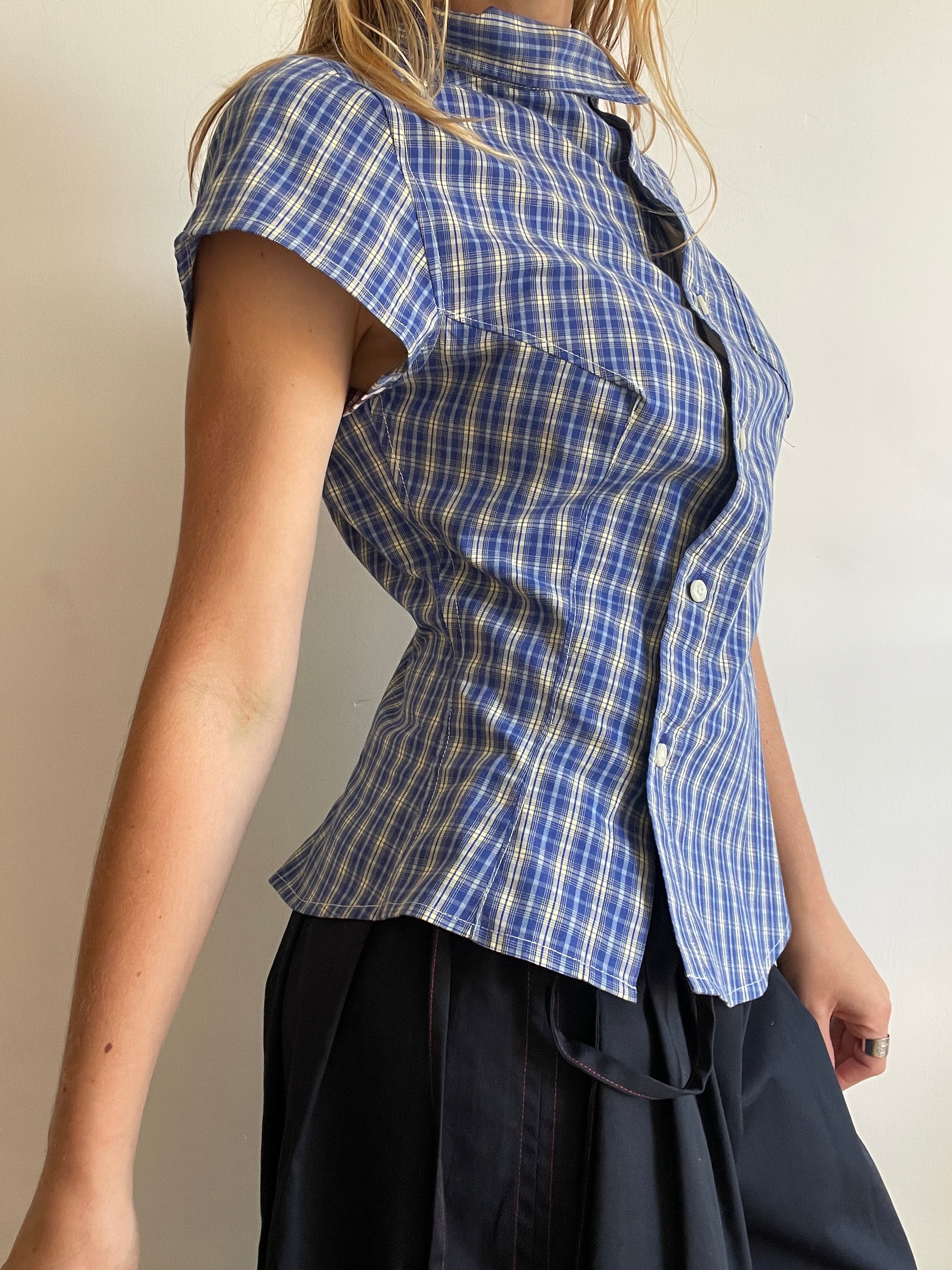 reworked blue yellow tartan asymetrical fitted shirt