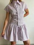 pink purple check snap button gathered drop waist dress with oversized collar