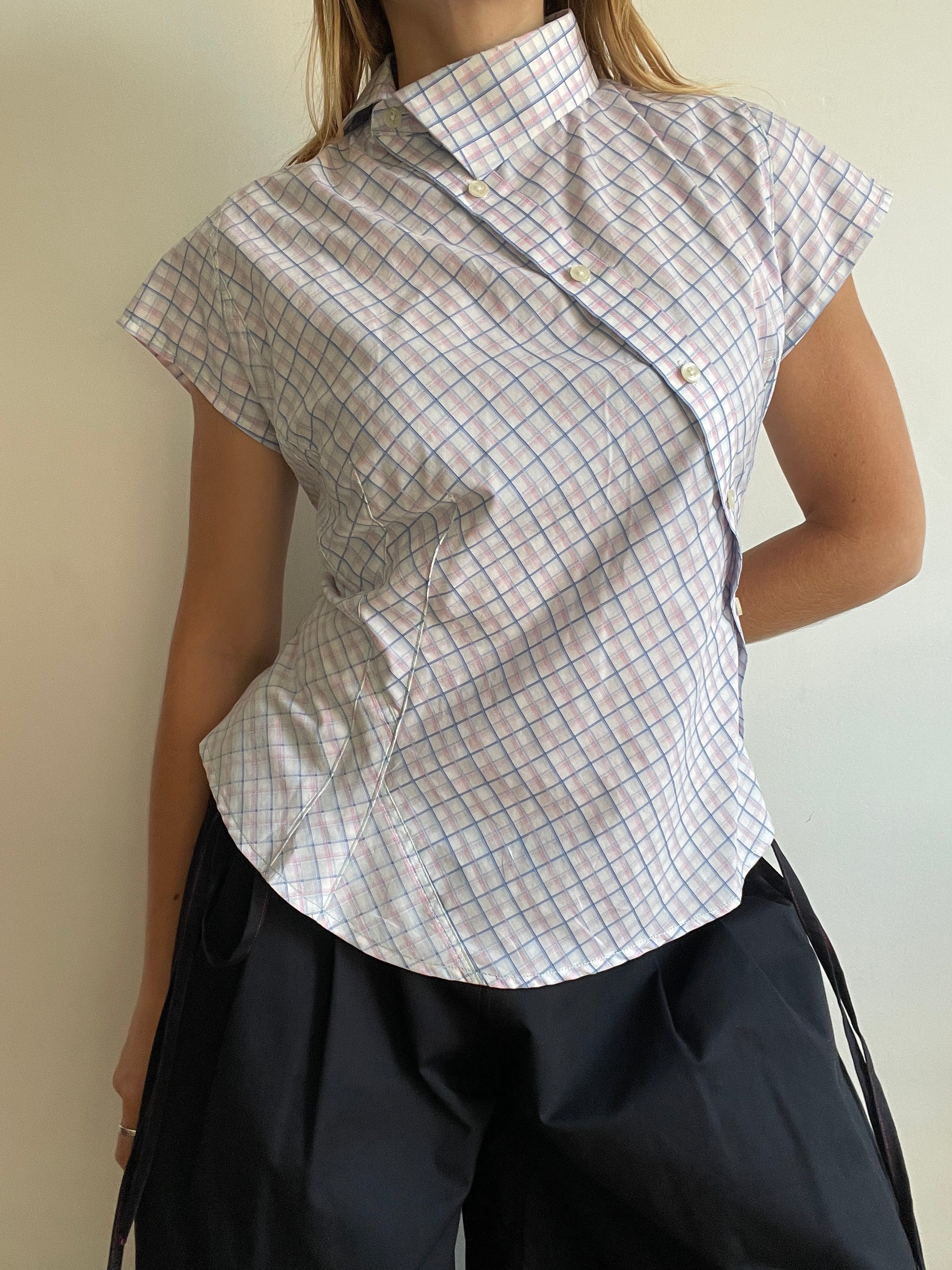 reworked pastel button up asymetrical shirt