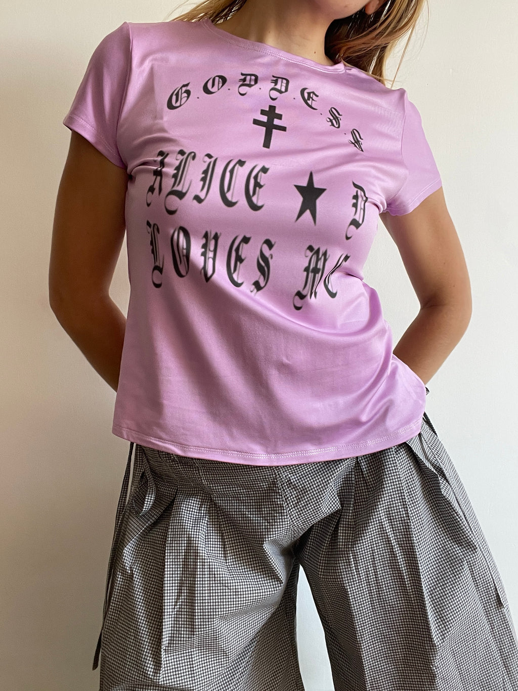 handmade purple graphic print punk slogan baby tee